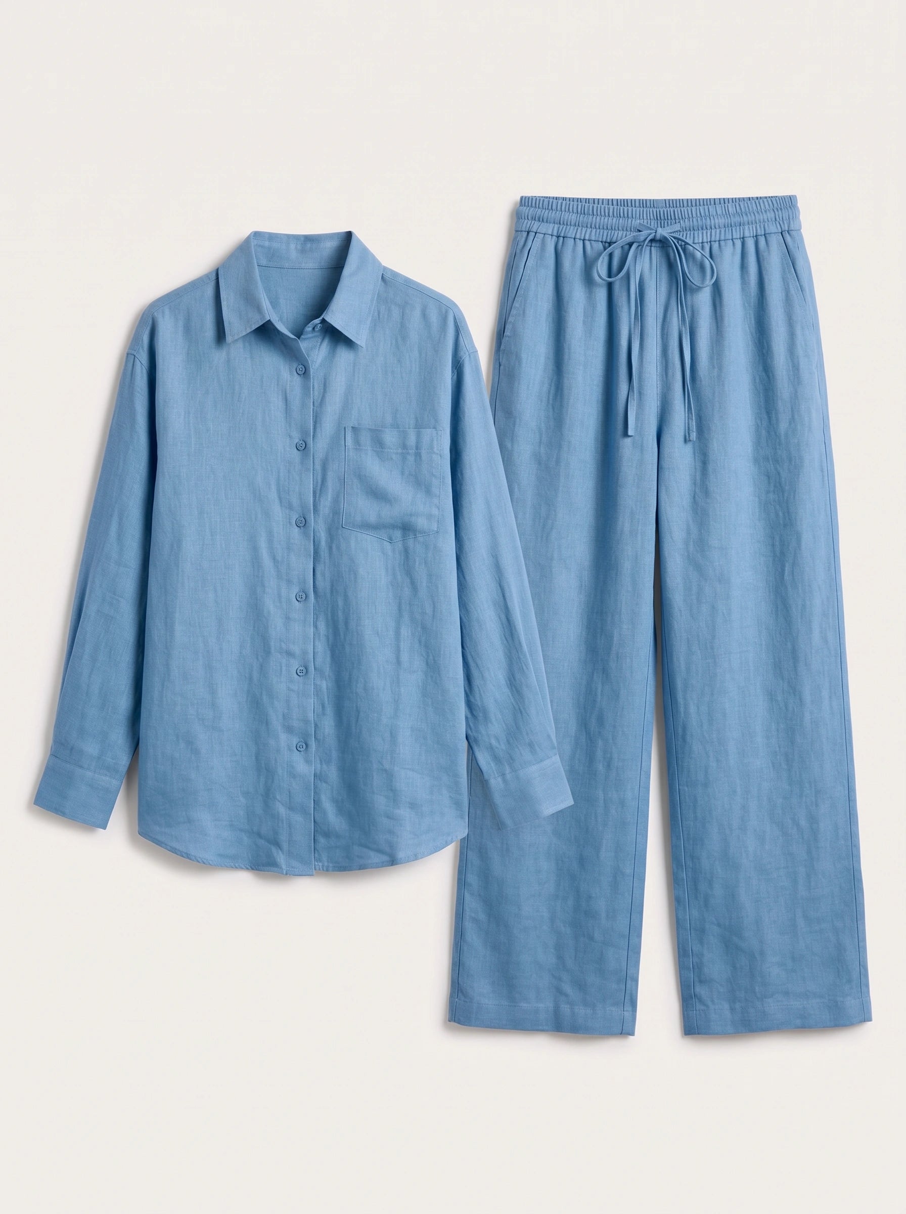 Azzurro Oversized Linen Shirt Wide-Leg Trouser Co-Ord Set – Women Two Piece Linen Shirt Pants Set Casual Resort Vacation Loungewear