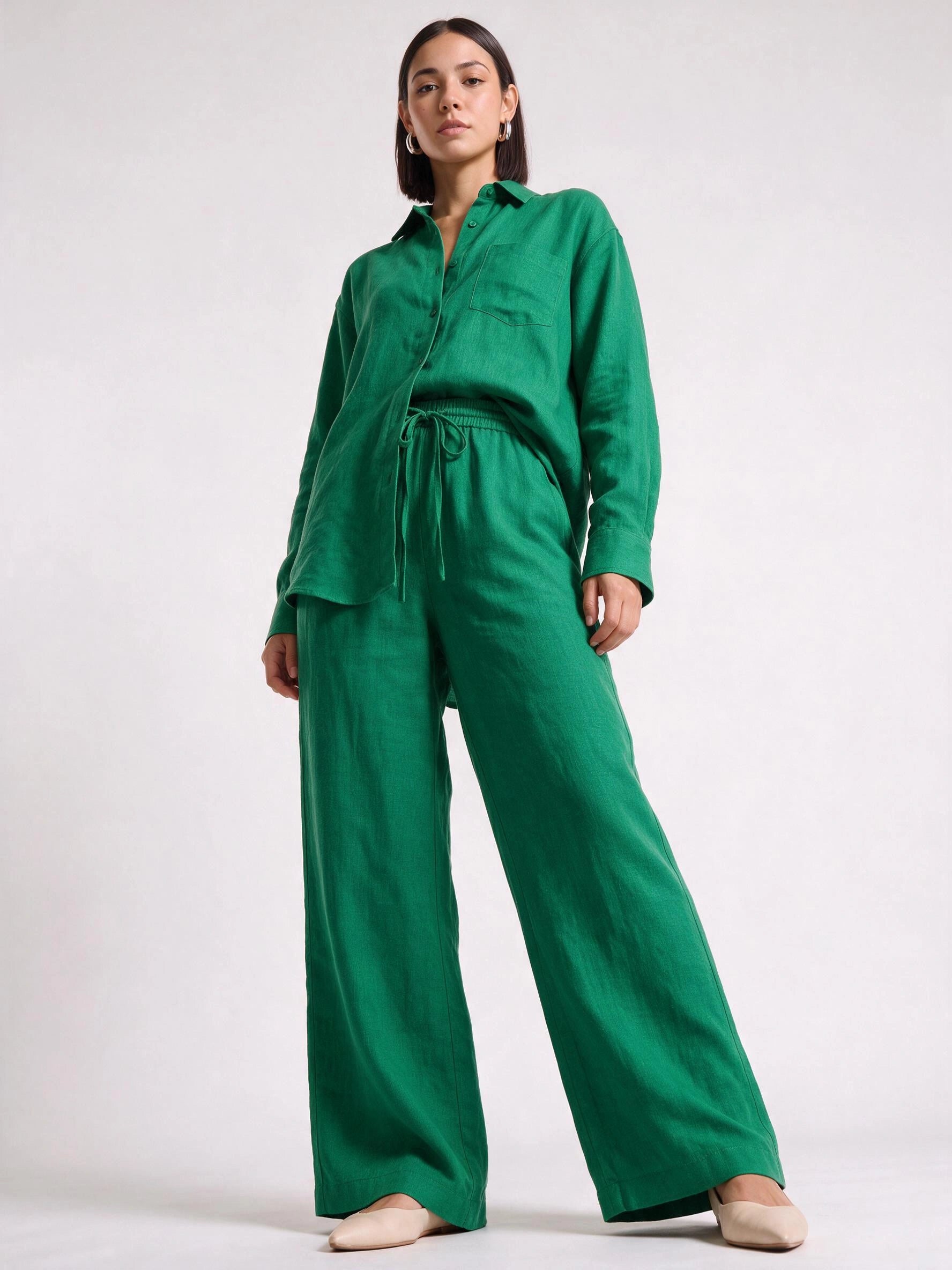 Azzurro Oversized Linen Shirt Wide-Leg Trouser Co-Ord Set – Women Two Piece Linen Shirt Pants Set Casual Resort Vacation Loungewear