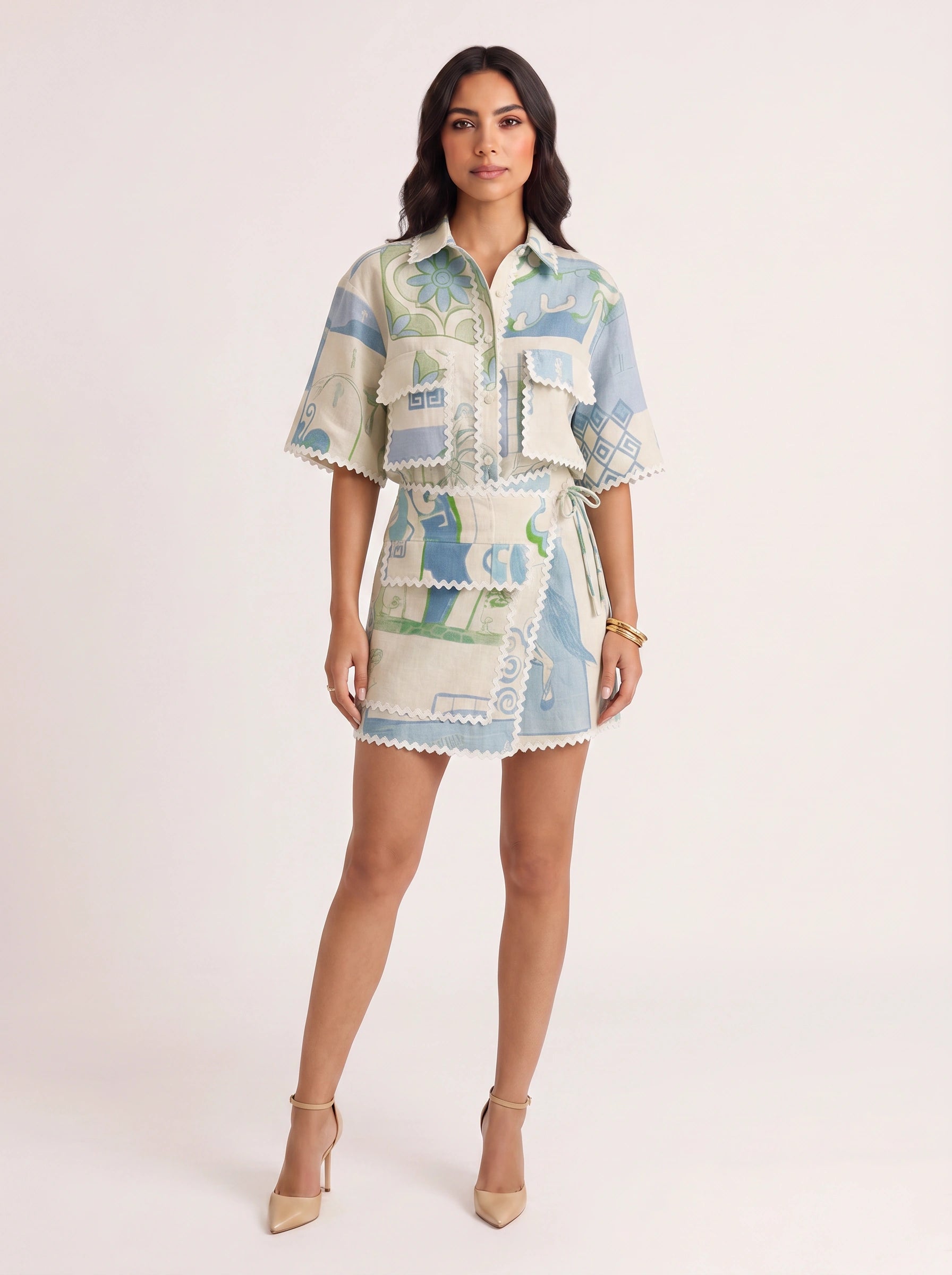 Azulette Patchwork Shirt Mini Skirt Set – Women Two Piece Summer Resort Vacation Boho Matching Co-Ord Set