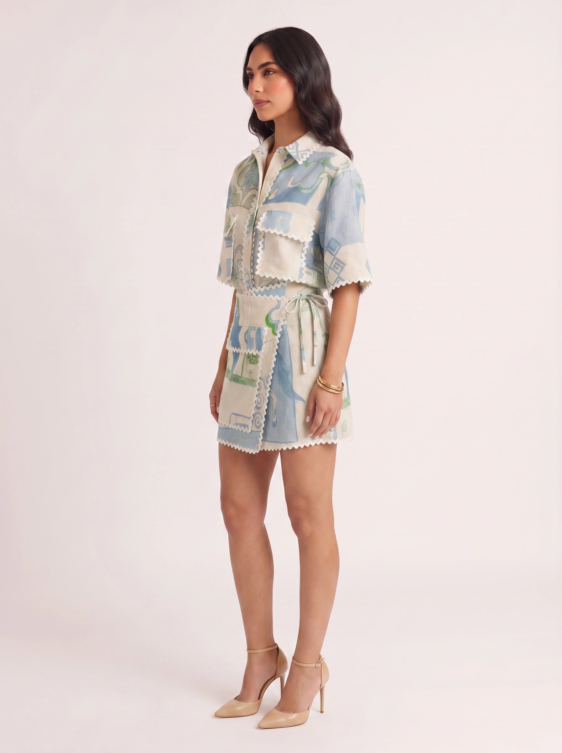 Azulette Patchwork Shirt Mini Skirt Set – Women Two Piece Summer Resort Vacation Boho Matching Co-Ord Set