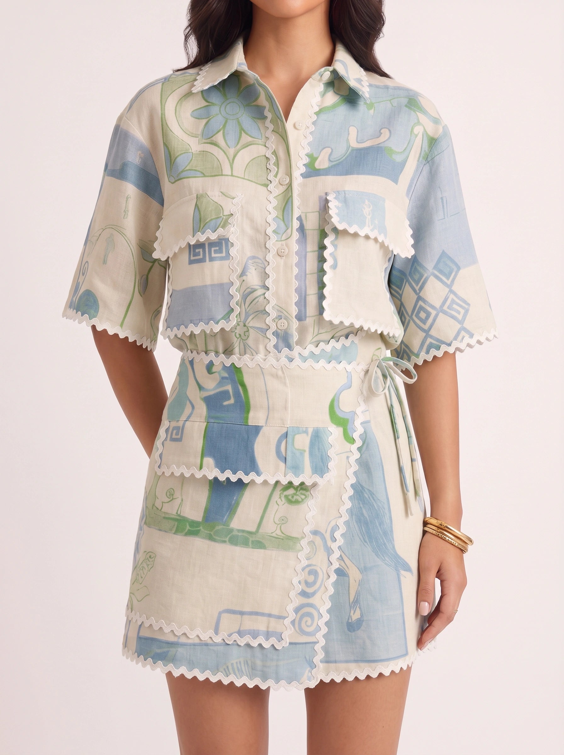 Azulette Patchwork Shirt Mini Skirt Set – Women Two Piece Summer Resort Vacation Boho Matching Co-Ord Set