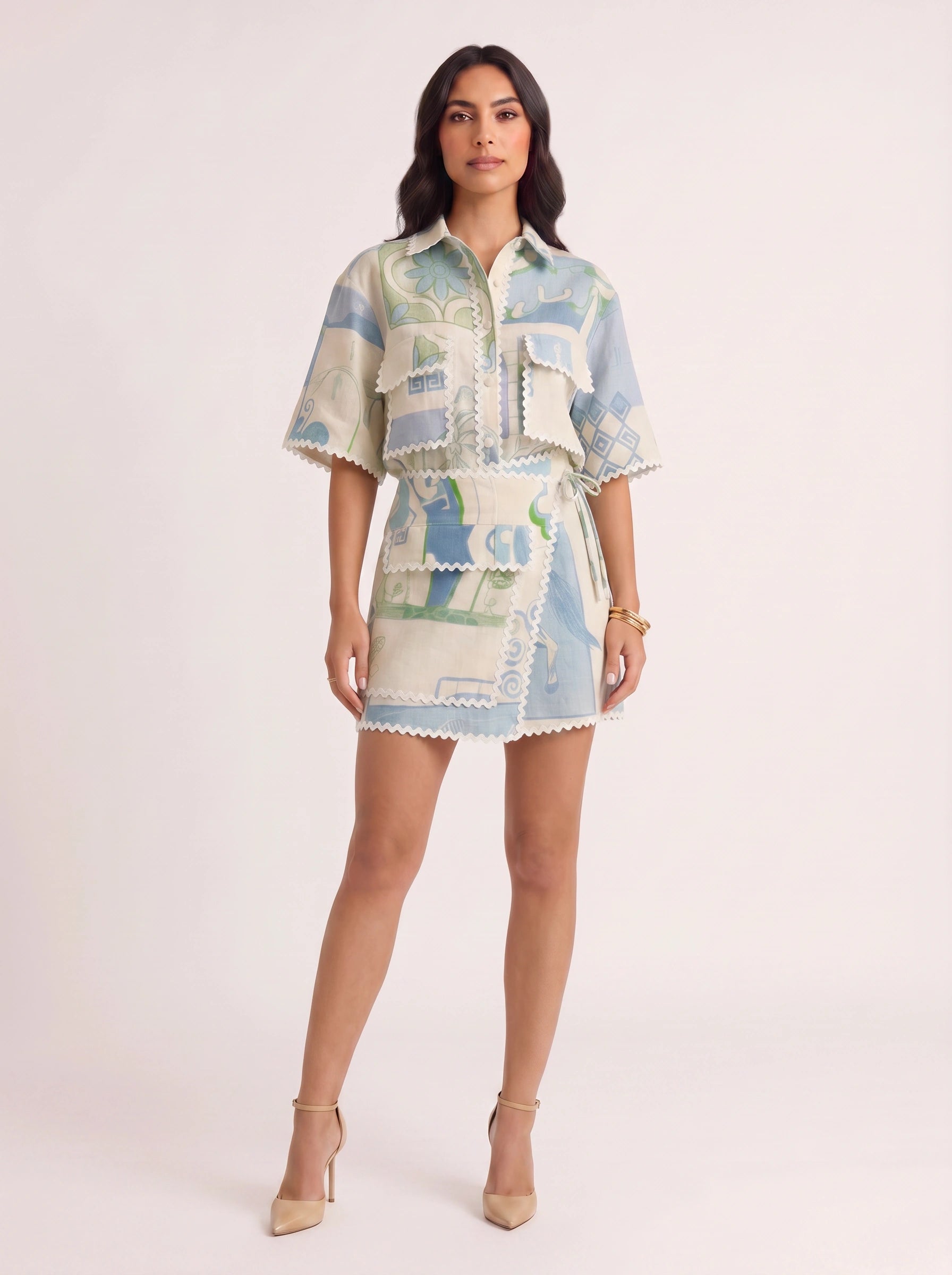 Azulette Patchwork Shirt Mini Skirt Set – Women Two Piece Summer Resort Vacation Boho Matching Co-Ord Set