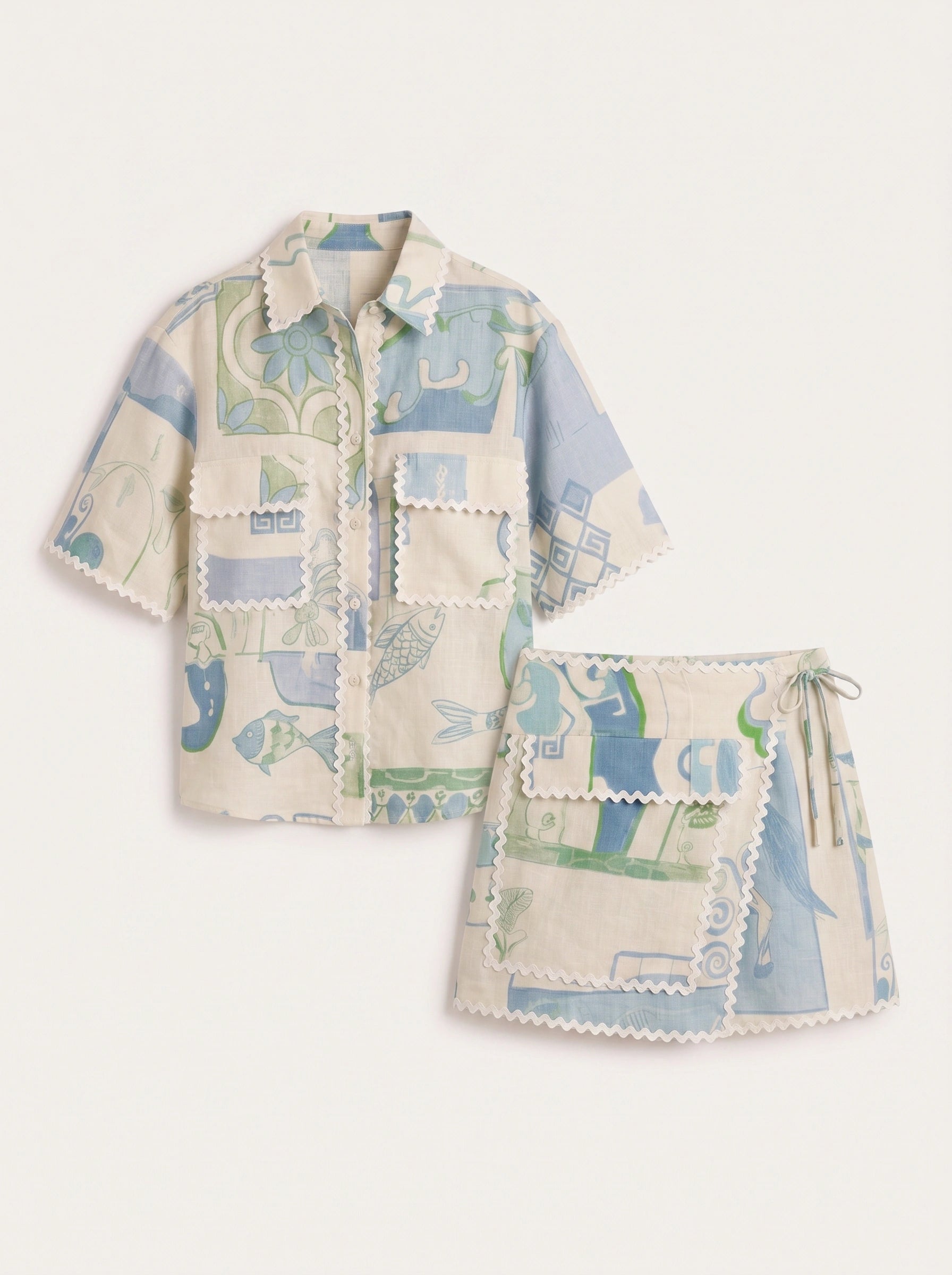 Azulette Patchwork Shirt Mini Skirt Set – Women Two Piece Summer Resort Vacation Boho Matching Co-Ord Set