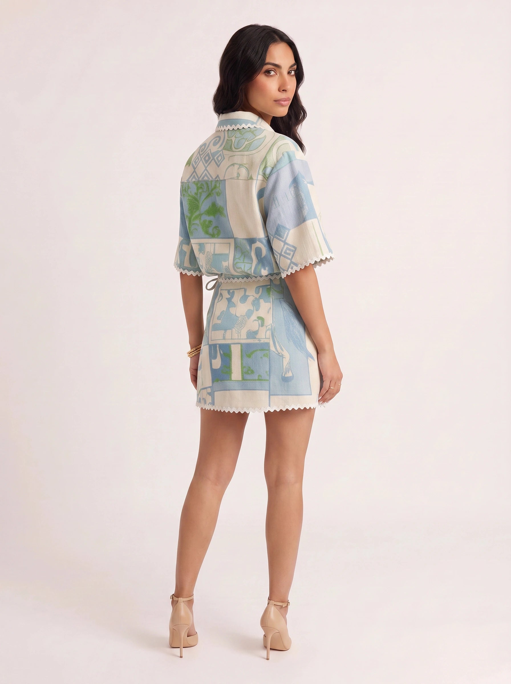 Azulette Patchwork Shirt Mini Skirt Set – Women Two Piece Summer Resort Vacation Boho Matching Co-Ord Set