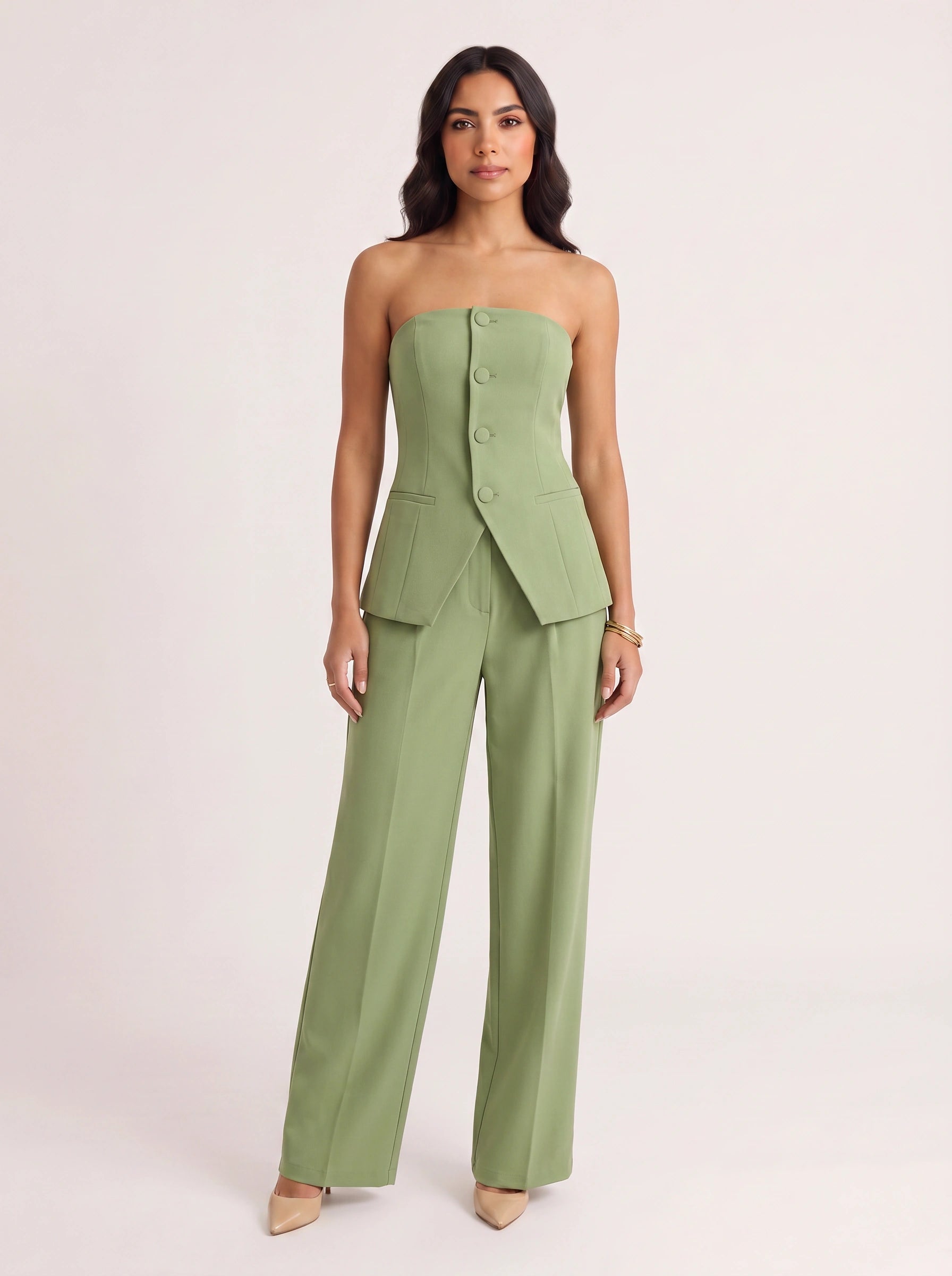 Pistara Strapless Bustier Wide-Leg Trouser Suit – Sage Green Jumpsuit Women Formal Wedding Guest Button Detail