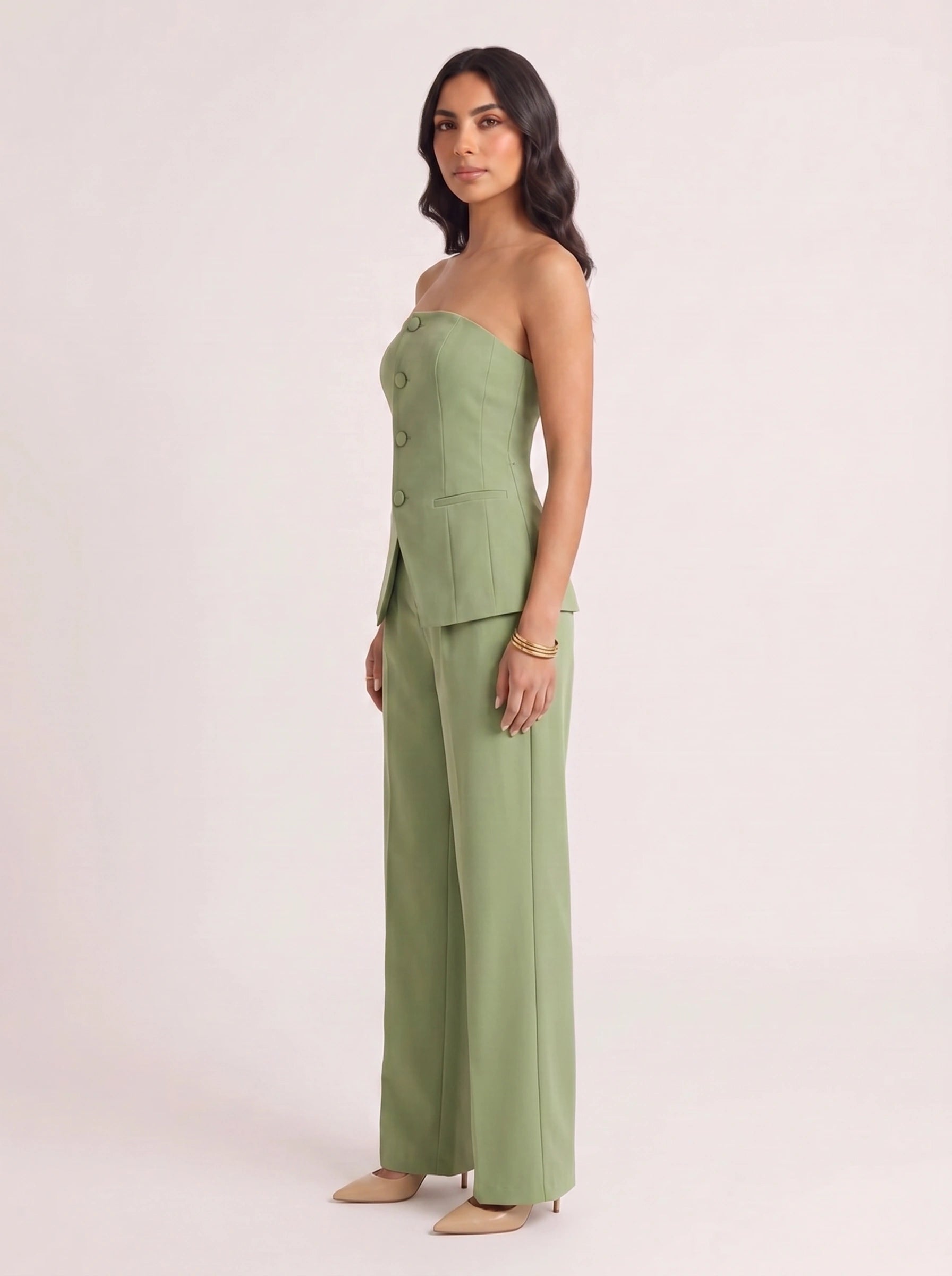 Pistara Strapless Bustier Wide-Leg Trouser Suit – Sage Green Jumpsuit Women Formal Wedding Guest Button Detail