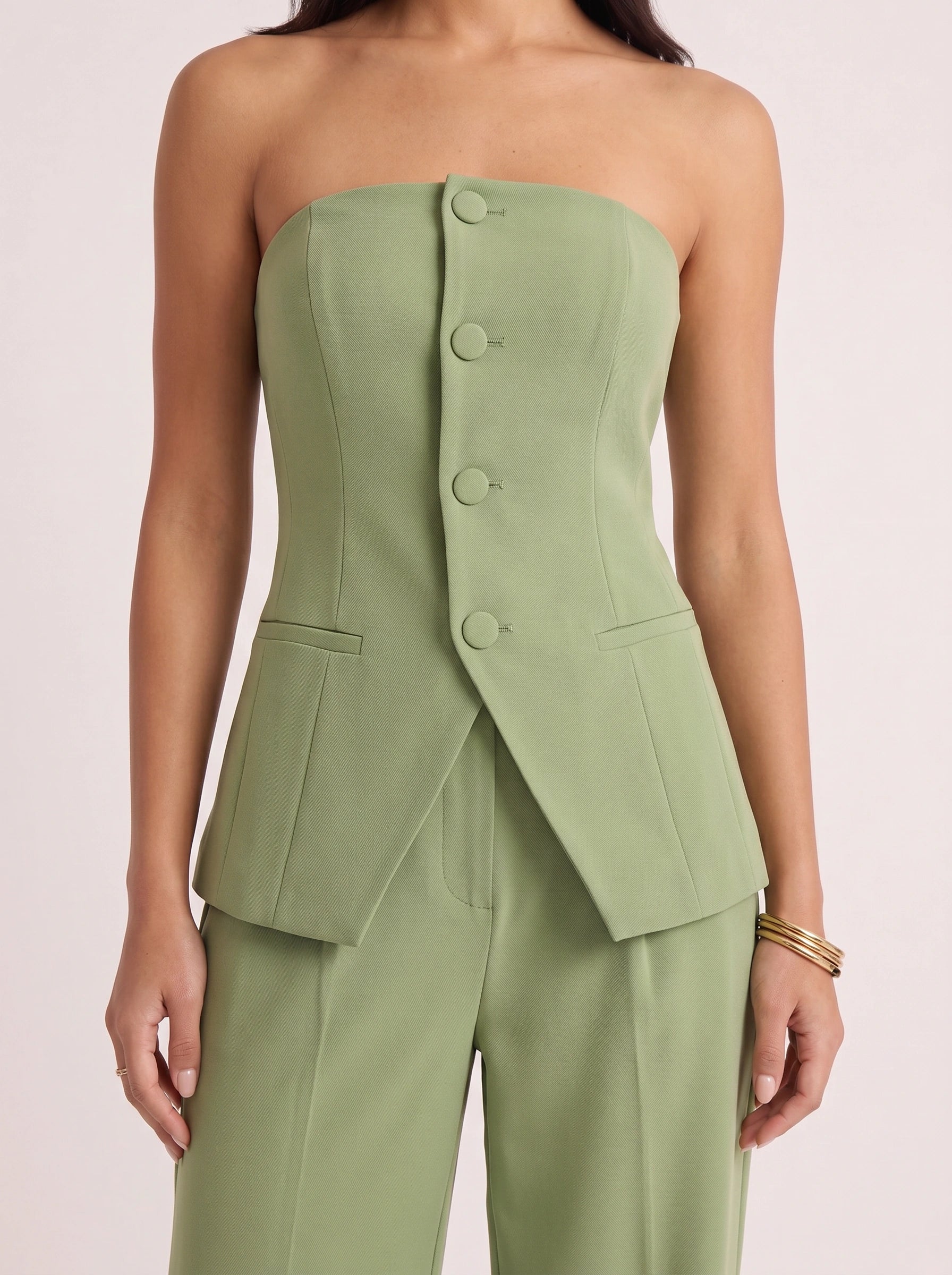 Pistara Strapless Bustier Wide-Leg Trouser Suit – Sage Green Jumpsuit Women Formal Wedding Guest Button Detail