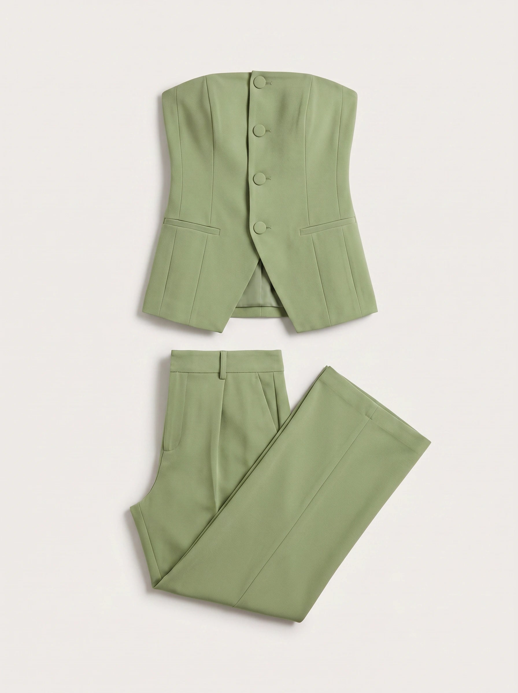 Pistara Strapless Bustier Wide-Leg Trouser Suit – Sage Green Jumpsuit Women Formal Wedding Guest Button Detail