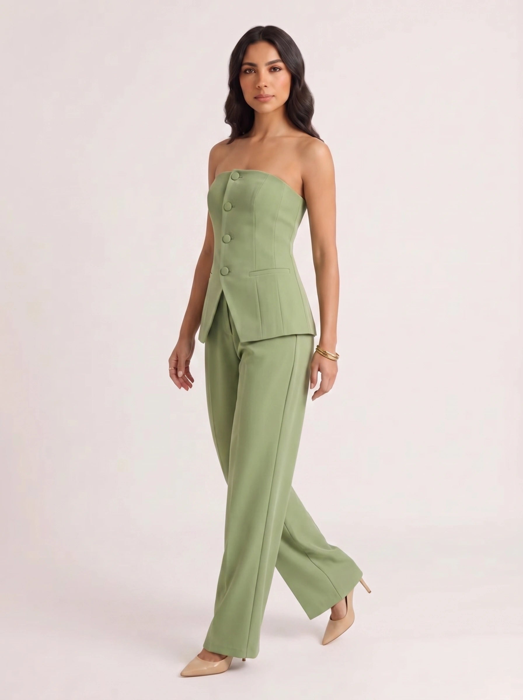 Pistara Strapless Bustier Wide-Leg Trouser Suit – Sage Green Jumpsuit Women Formal Wedding Guest Button Detail