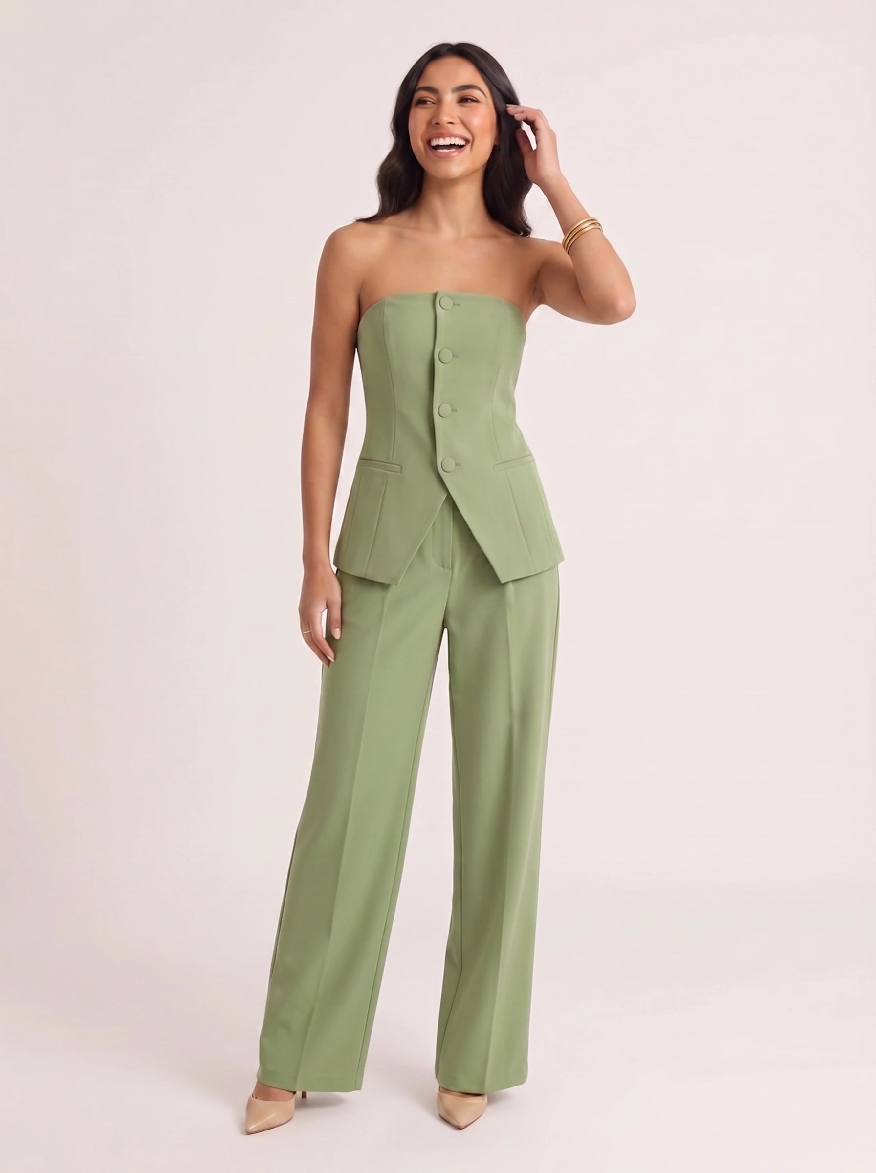 Pistara Strapless Bustier Wide-Leg Trouser Suit – Sage Green Jumpsuit Women Formal Wedding Guest Button Detail