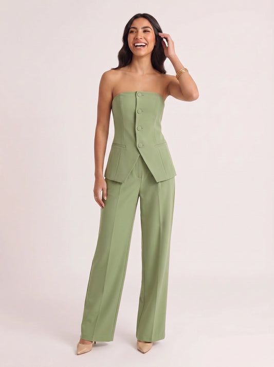 Pistara Strapless Bustier Wide-Leg Trouser Suit – Sage Green Jumpsuit Women Formal Wedding Guest Button Detail