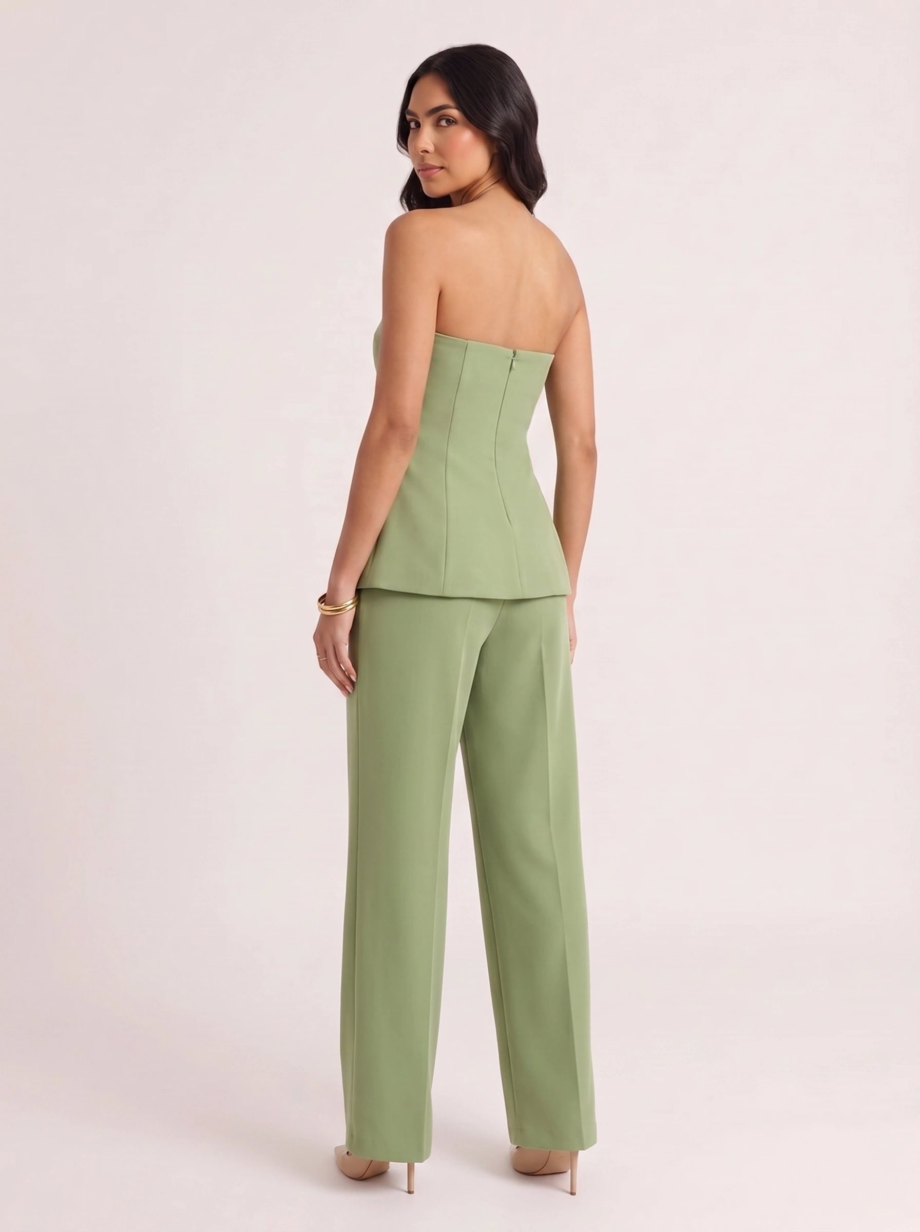 Pistara Strapless Bustier Wide-Leg Trouser Suit – Sage Green Jumpsuit Women Formal Wedding Guest Button Detail