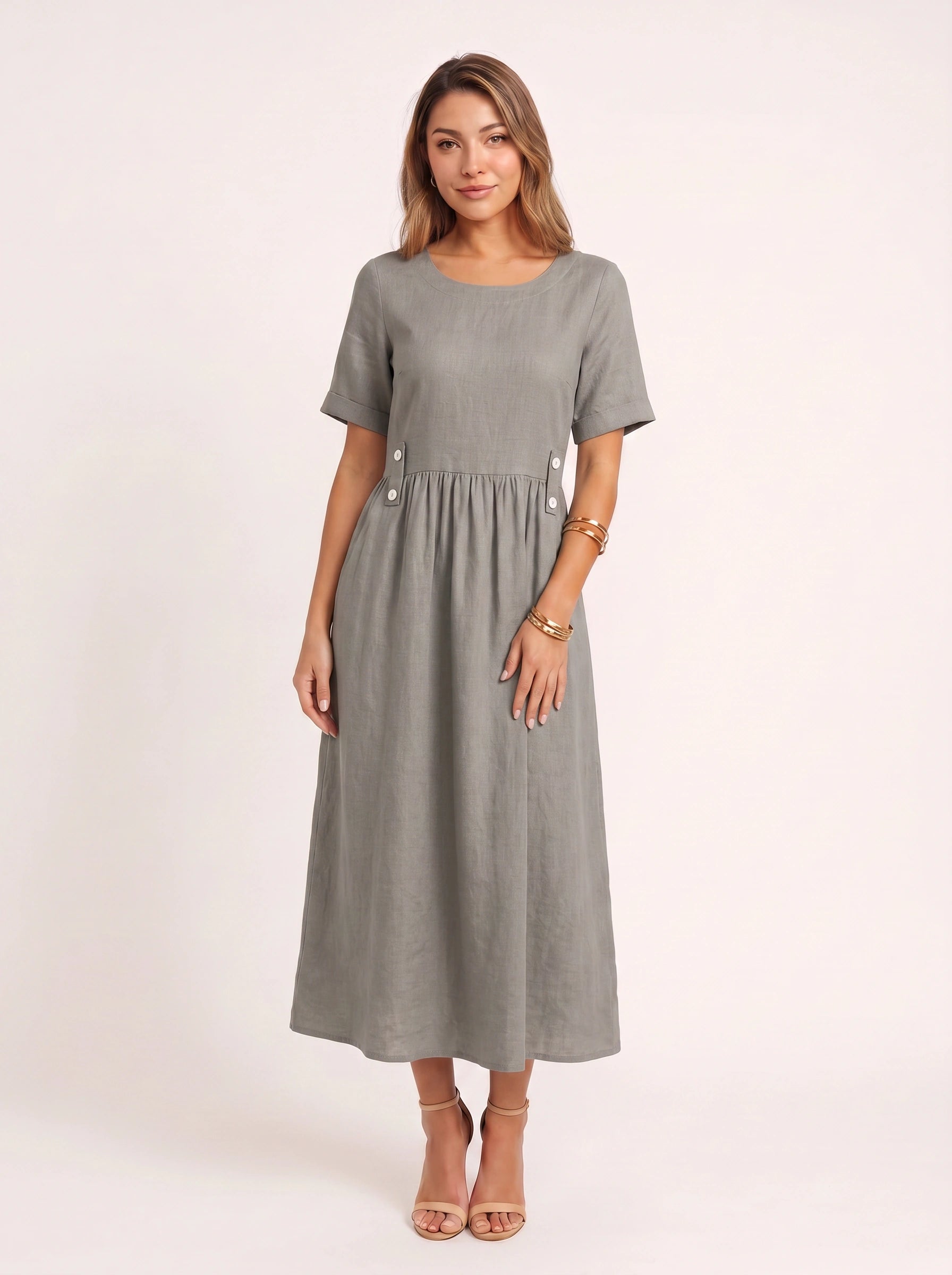 Greylin Button-Detail Empire Waist Midi Dress – Linen Midi Dress Women Casual Summer Relaxed Fit Midi Dress