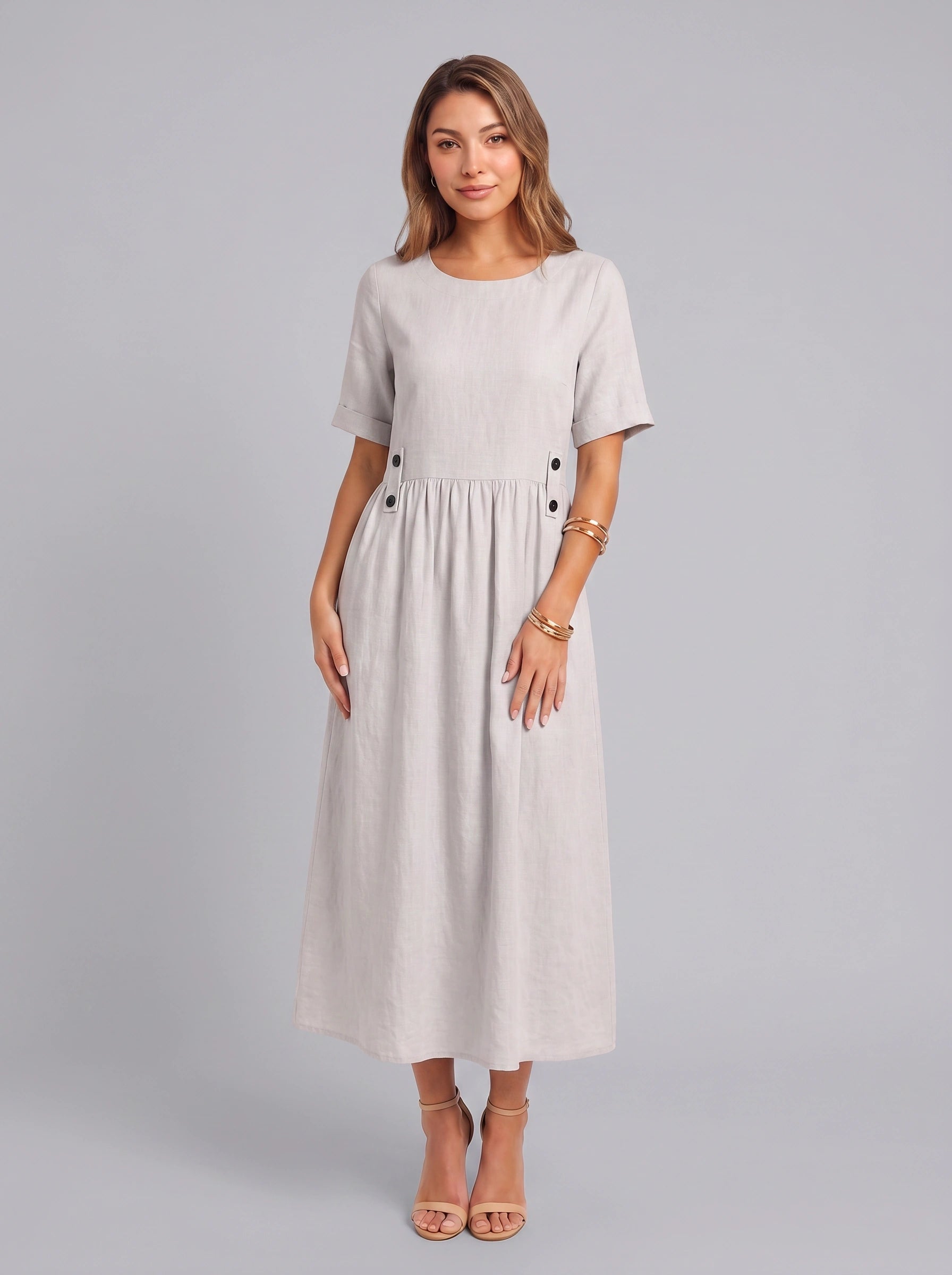 Greylin Button-Detail Empire Waist Midi Dress – Linen Midi Dress Women Casual Summer Relaxed Fit Midi Dress