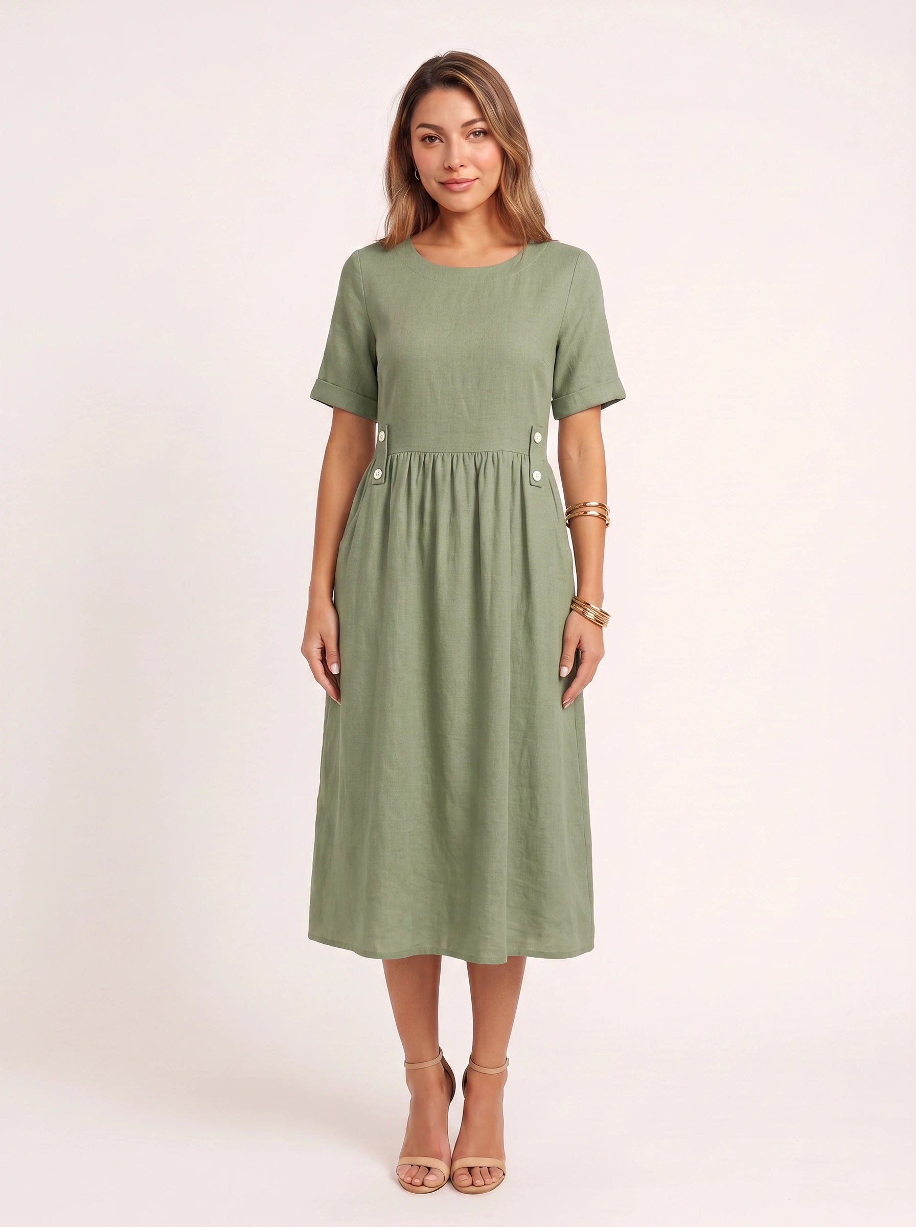 Greylin Button-Detail Empire Waist Midi Dress – Linen Midi Dress Women Casual Summer Relaxed Fit Midi Dress