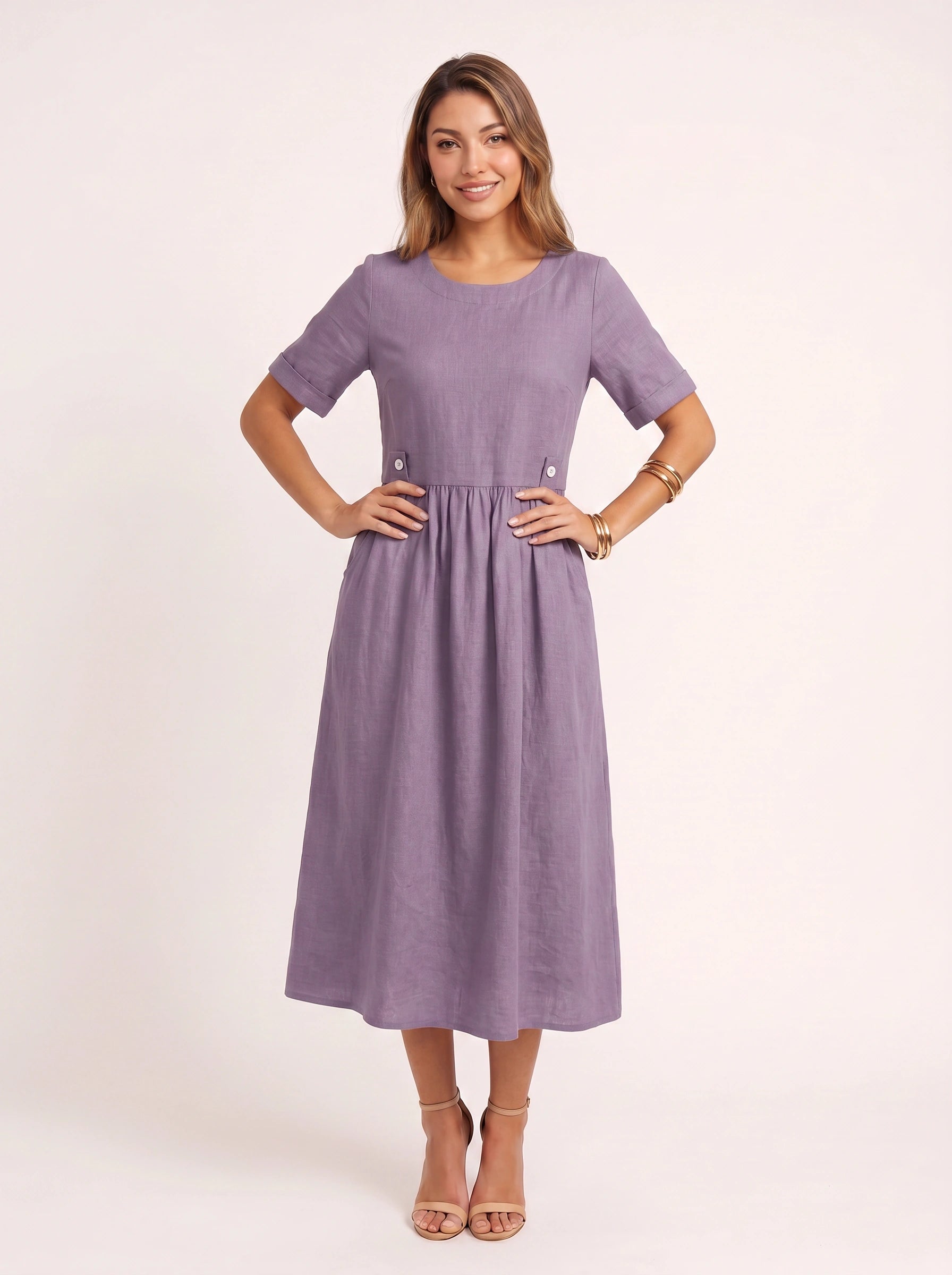 Greylin Button-Detail Empire Waist Midi Dress – Linen Midi Dress Women Casual Summer Relaxed Fit Midi Dress