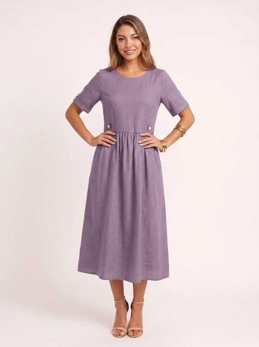 Greylin Button-Detail Empire Waist Midi Dress – Linen Midi Dress Women Casual Summer Relaxed Fit Midi Dress