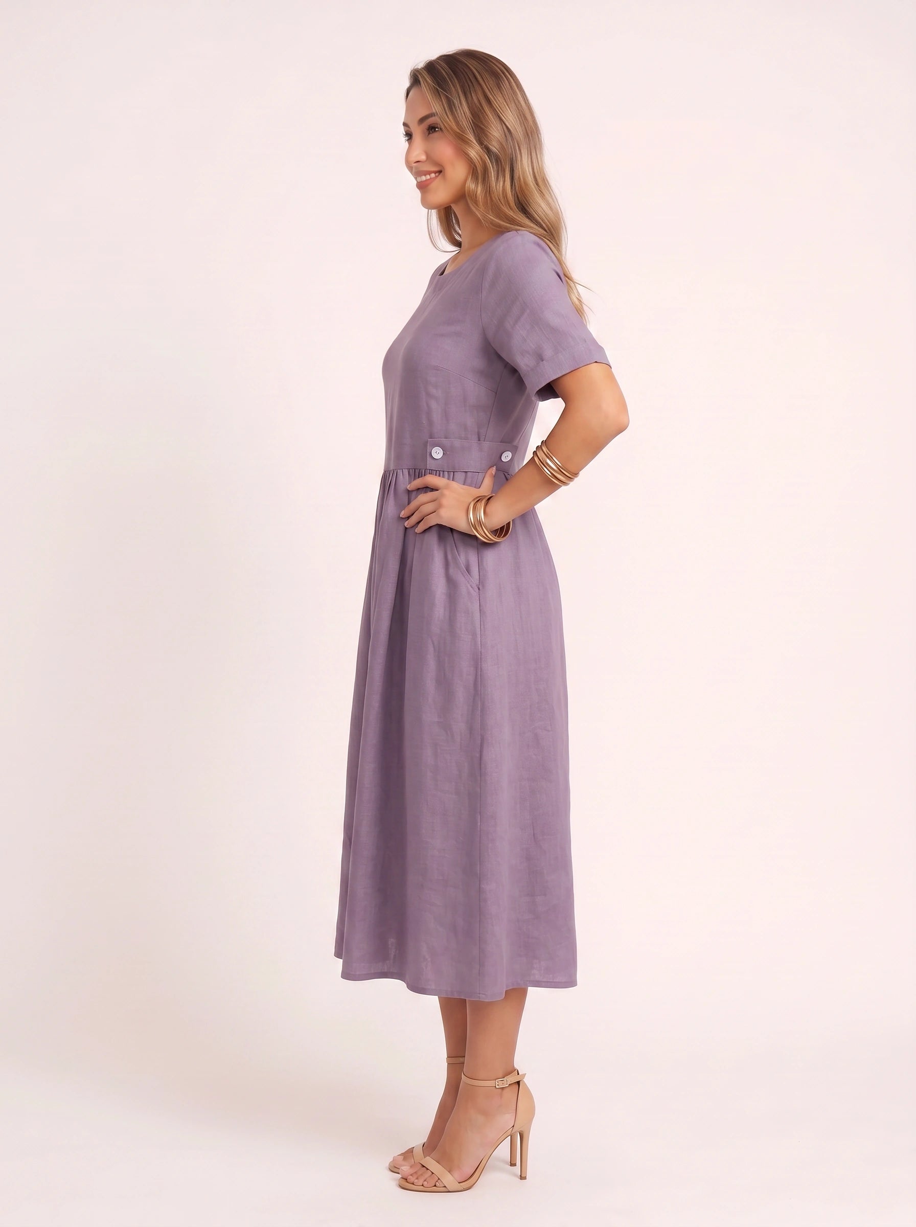 Greylin Button-Detail Empire Waist Midi Dress – Linen Midi Dress Women Casual Summer Relaxed Fit Midi Dress