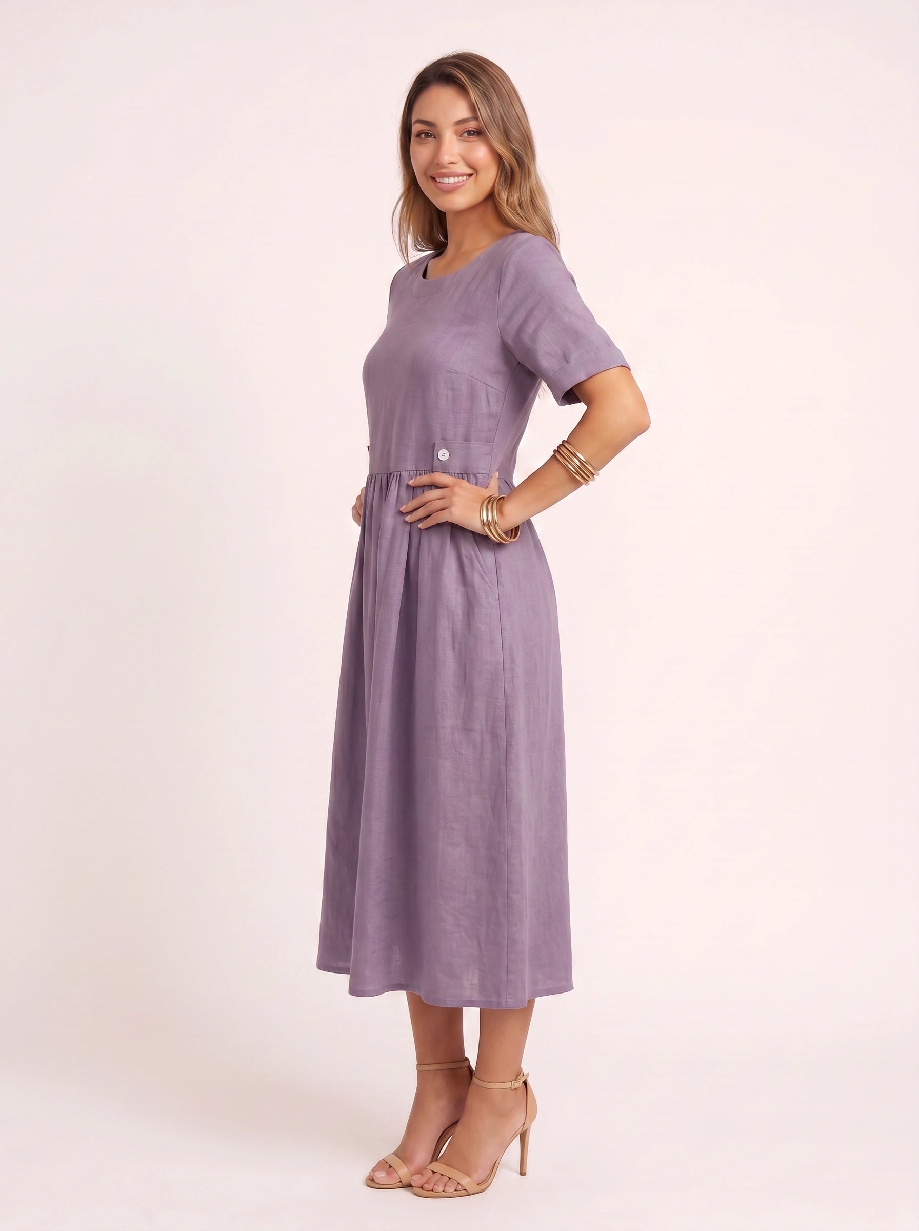 Greylin Button-Detail Empire Waist Midi Dress – Linen Midi Dress Women Casual Summer Relaxed Fit Midi Dress