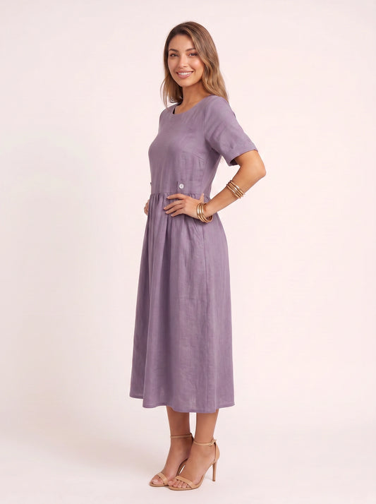 Greylin Button-Detail Empire Waist Midi Dress – Linen Midi Dress Women Casual Summer Relaxed Fit Midi Dress