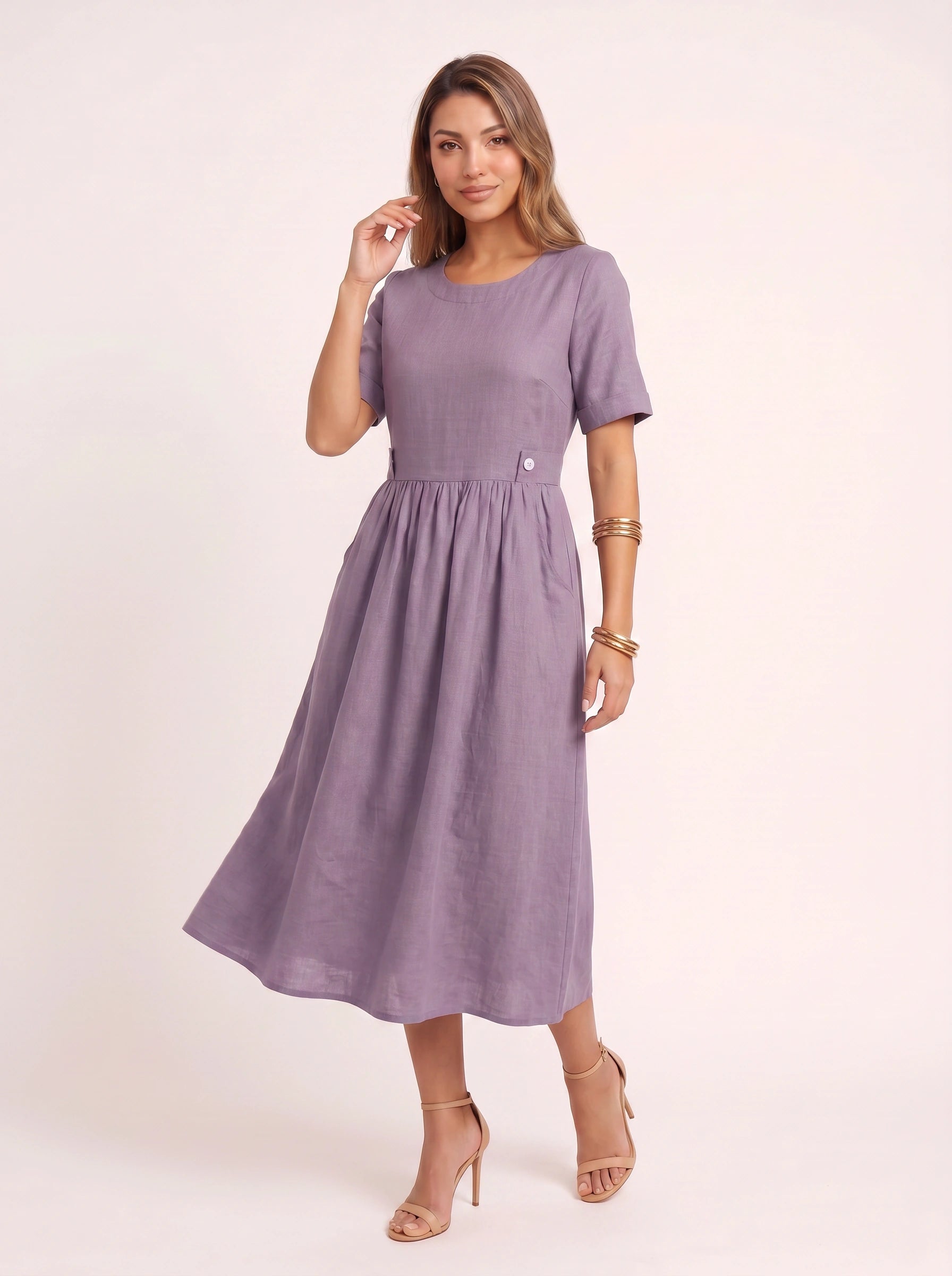 Greylin Button-Detail Empire Waist Midi Dress – Linen Midi Dress Women Casual Summer Relaxed Fit Midi Dress