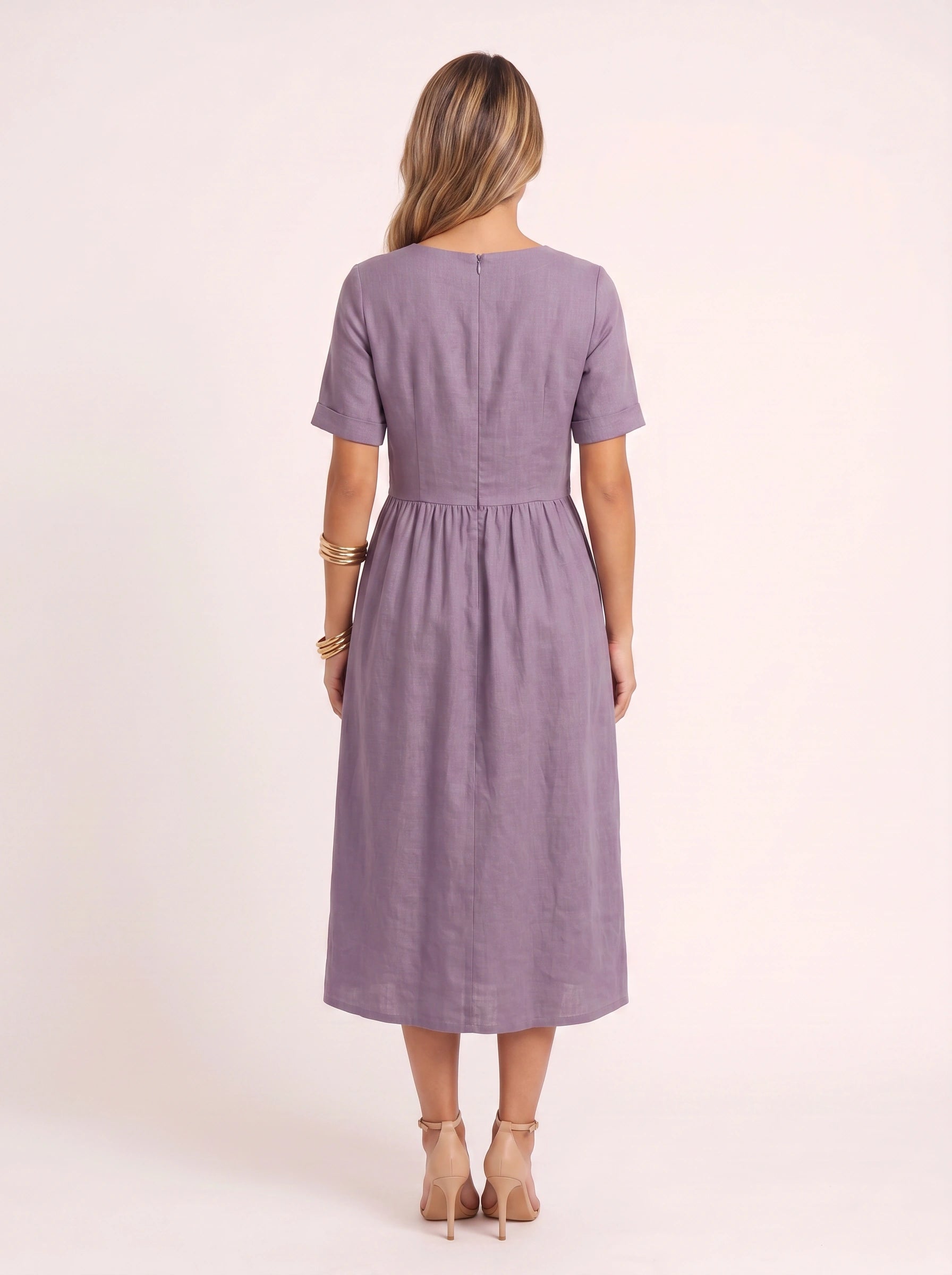Greylin Button-Detail Empire Waist Midi Dress – Linen Midi Dress Women Casual Summer Relaxed Fit Midi Dress