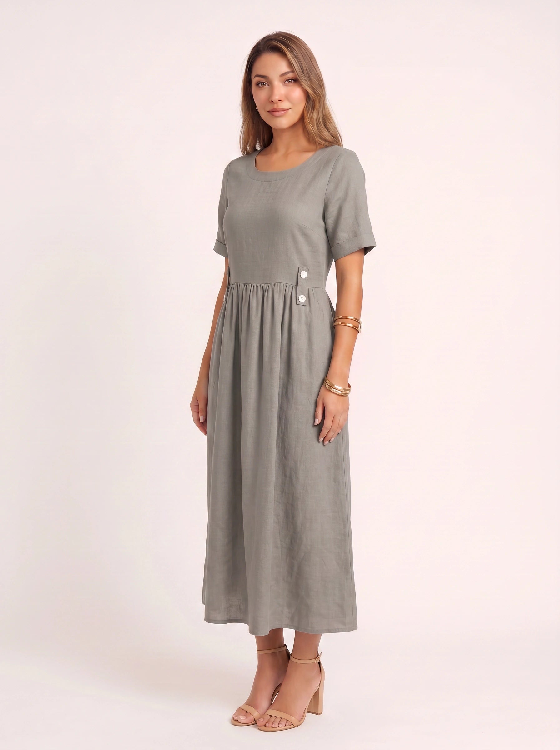 Greylin Button-Detail Empire Waist Midi Dress – Linen Midi Dress Women Casual Summer Relaxed Fit Midi Dress