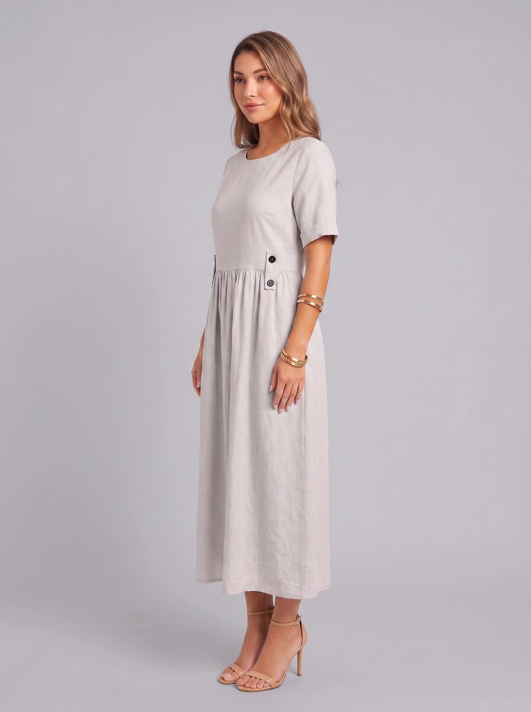 Greylin Button-Detail Empire Waist Midi Dress – Linen Midi Dress Women Casual Summer Relaxed Fit Midi Dress