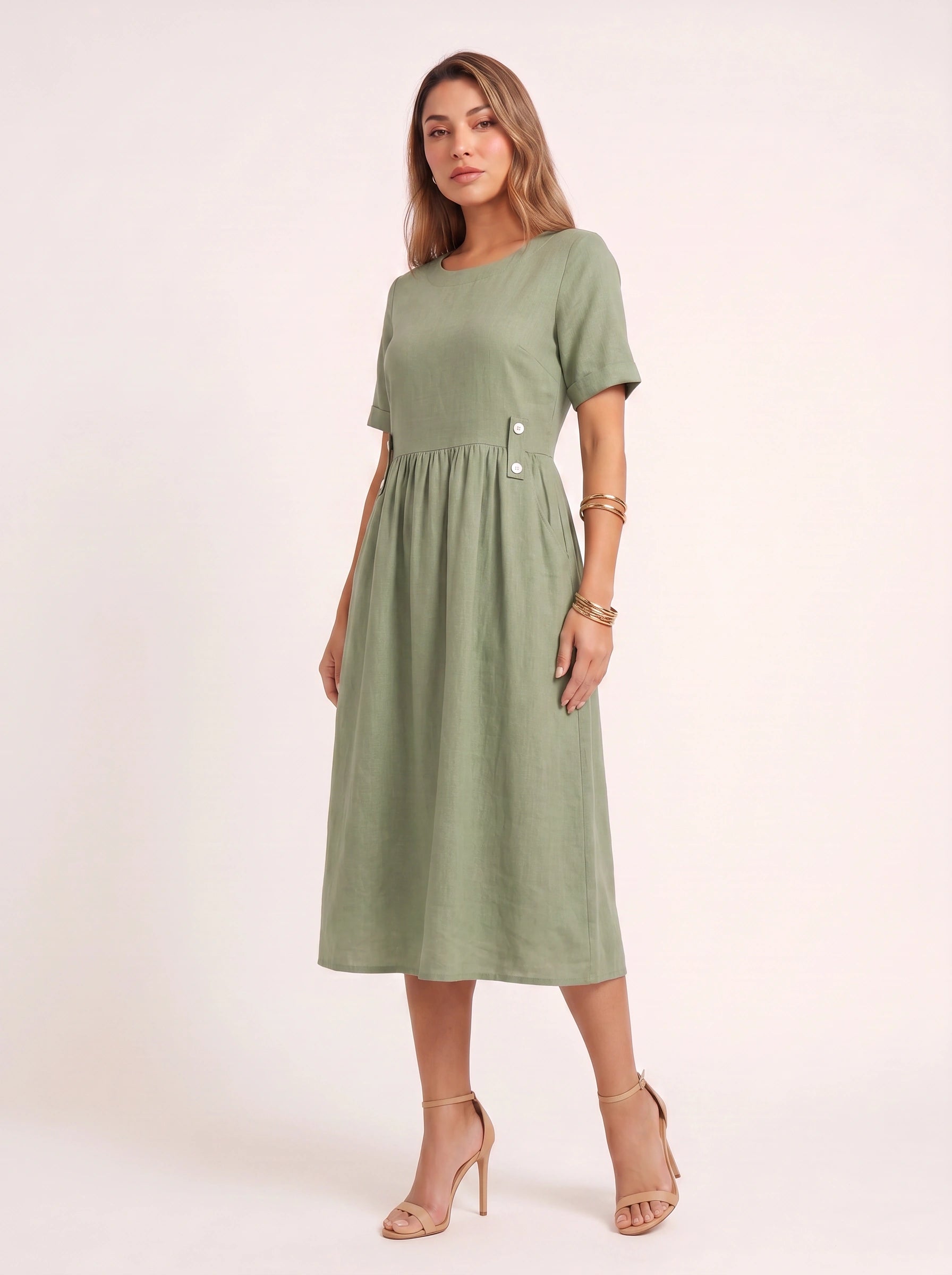 Greylin Button-Detail Empire Waist Midi Dress – Linen Midi Dress Women Casual Summer Relaxed Fit Midi Dress