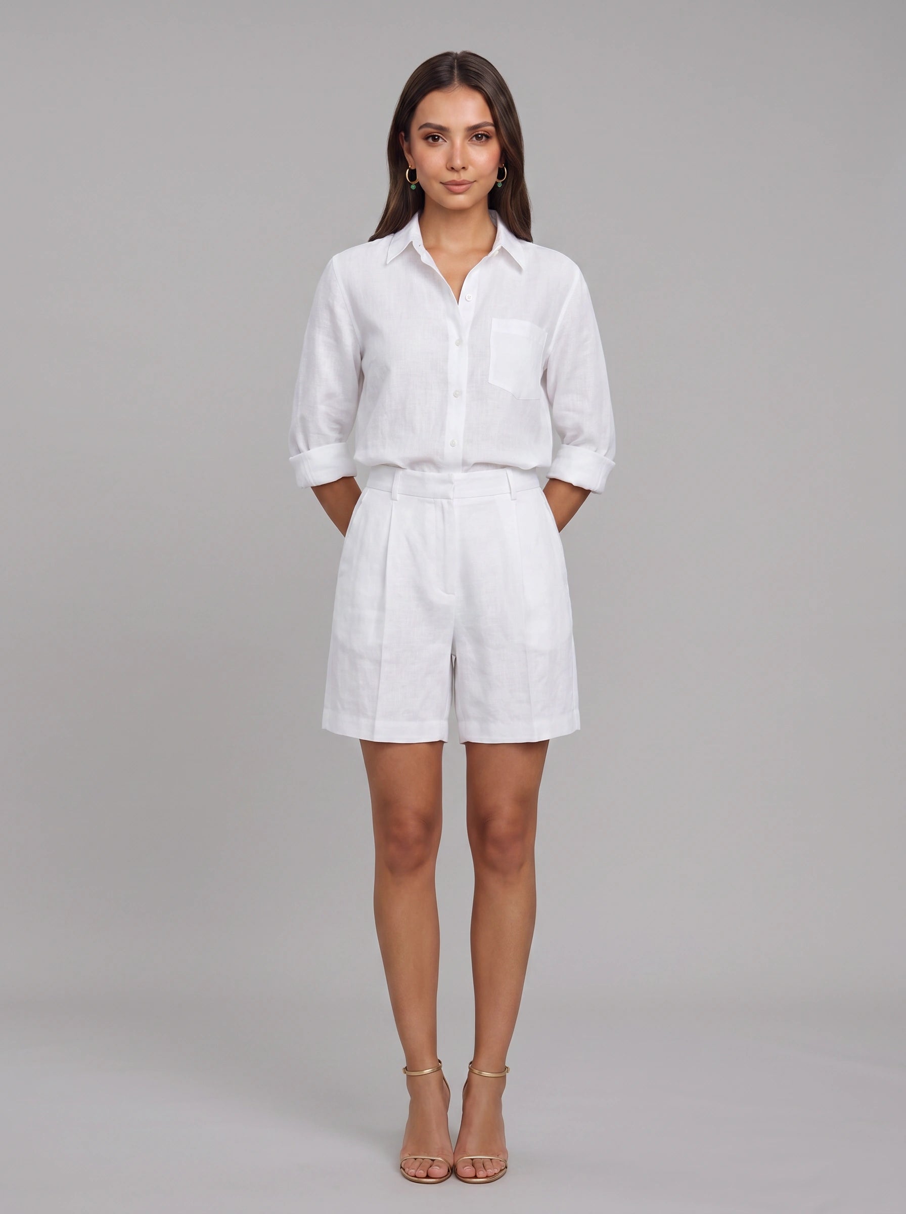 Crisvio Linen Shirt Tailored Shorts Co-Ord Set – Business Casual Women Two Piece Outfit Summer Office Workwear