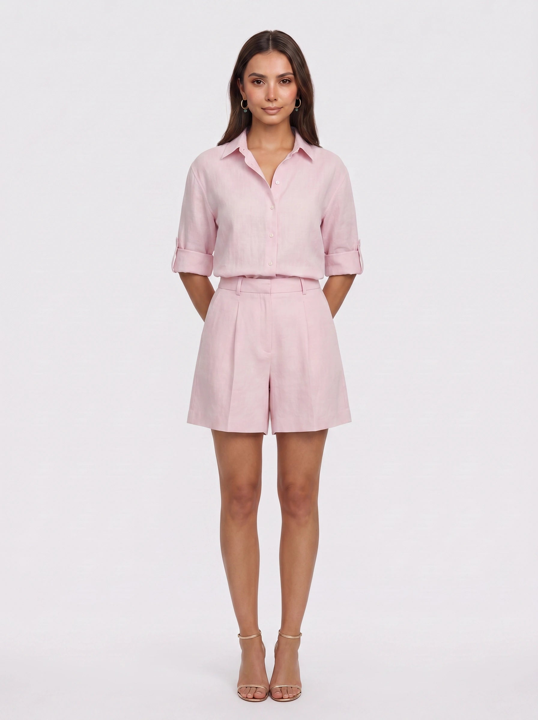 Crisvio Linen Shirt Tailored Shorts Co-Ord Set – Business Casual Women Two Piece Outfit Summer Office Workwear