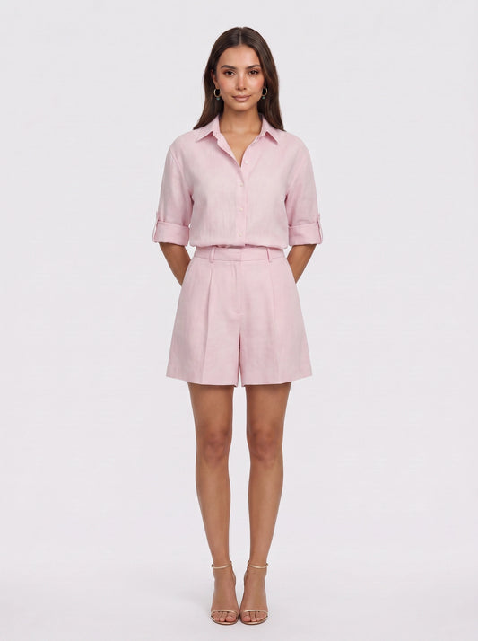 Crisvio Linen Shirt Tailored Shorts Co-Ord Set – Business Casual Women Two Piece Outfit Summer Office Workwear