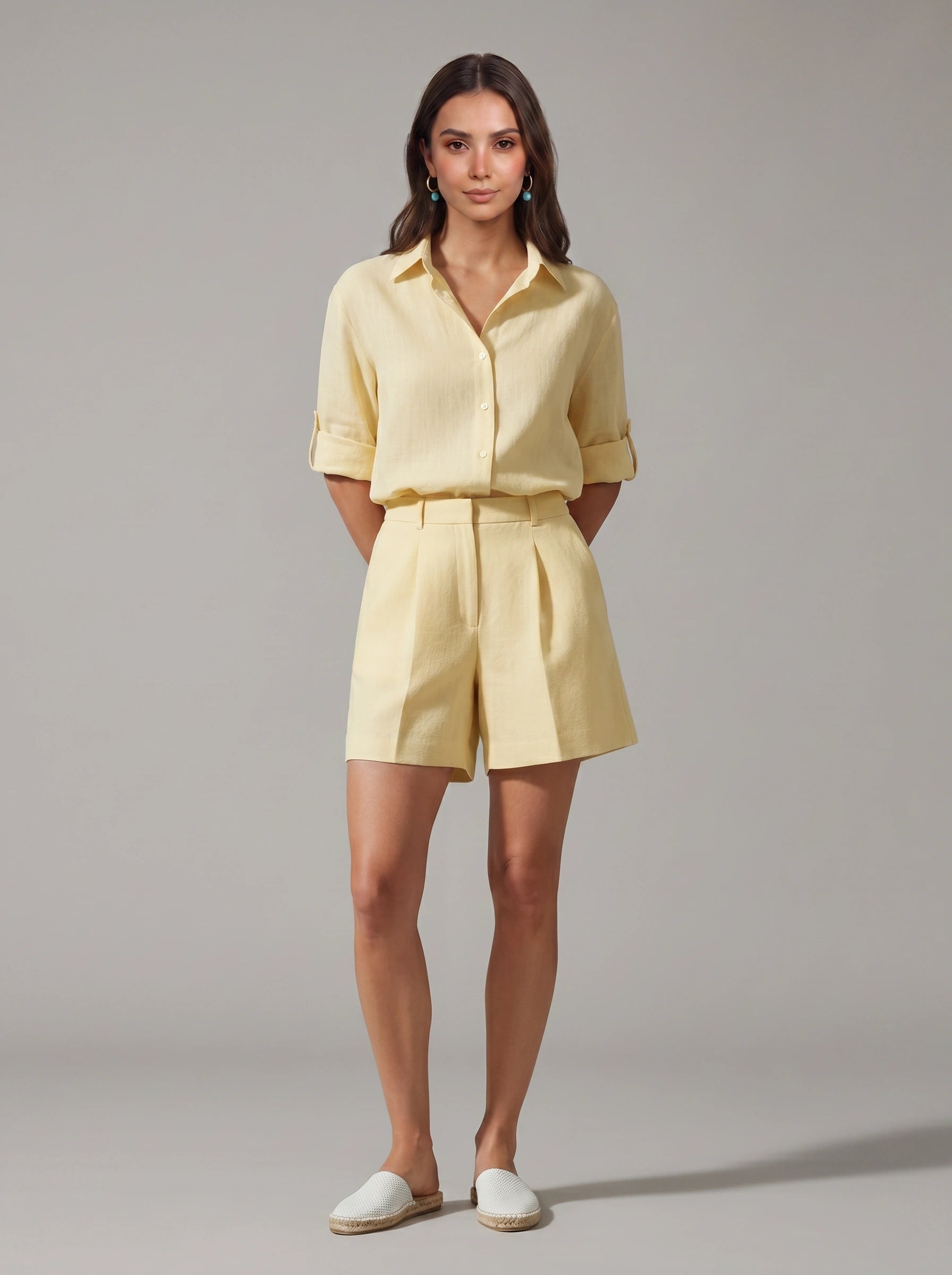 Crisvio Linen Shirt Tailored Shorts Co-Ord Set – Business Casual Women Two Piece Outfit Summer Office Workwear