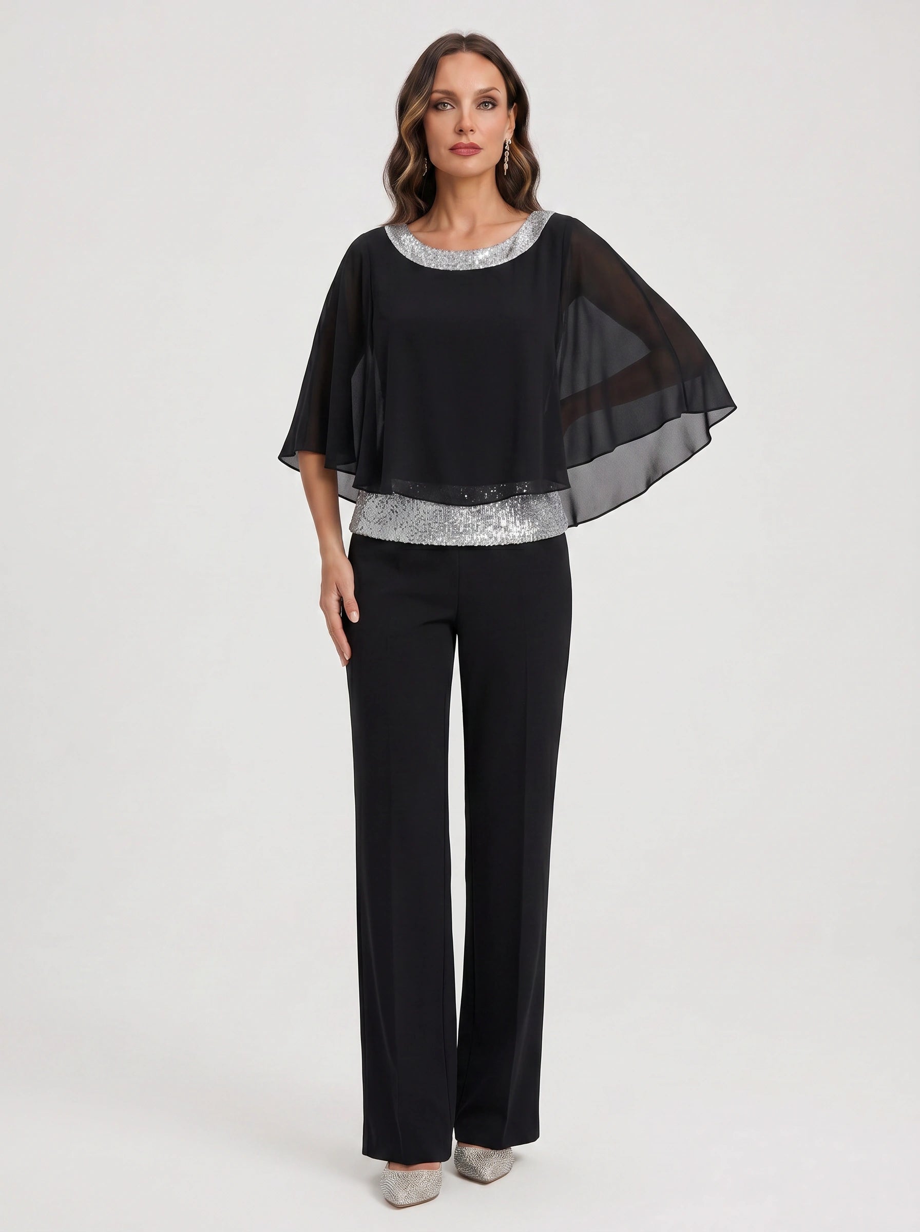 Cascada Sequin Cape Wide-Leg Trouser Set – Women Formal Wedding Guest Mother Bride Evening Party Two Piece Set
