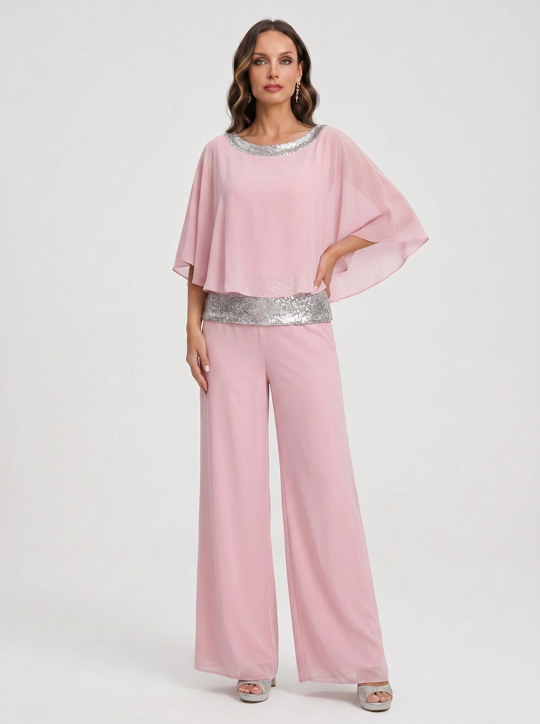 Cascada Sequin Cape Wide-Leg Trouser Set – Women Formal Wedding Guest Mother Bride Evening Party Two Piece Set