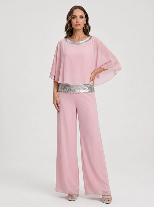 Cascada Sequin Cape Wide-Leg Trouser Set – Women Formal Wedding Guest Mother Bride Evening Party Two Piece Set