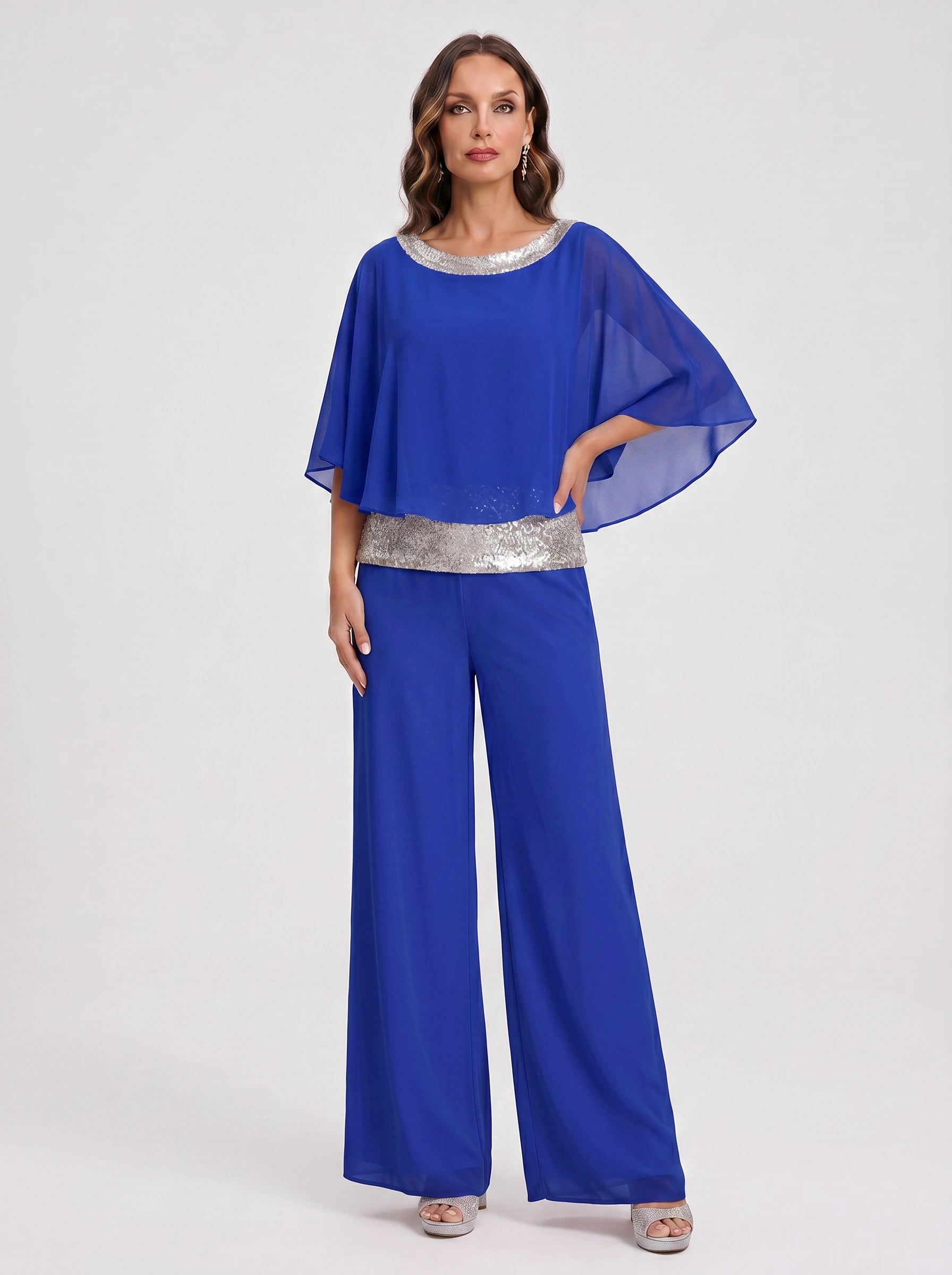 Cascada Sequin Cape Wide-Leg Trouser Set – Women Formal Wedding Guest Mother Bride Evening Party Two Piece Set