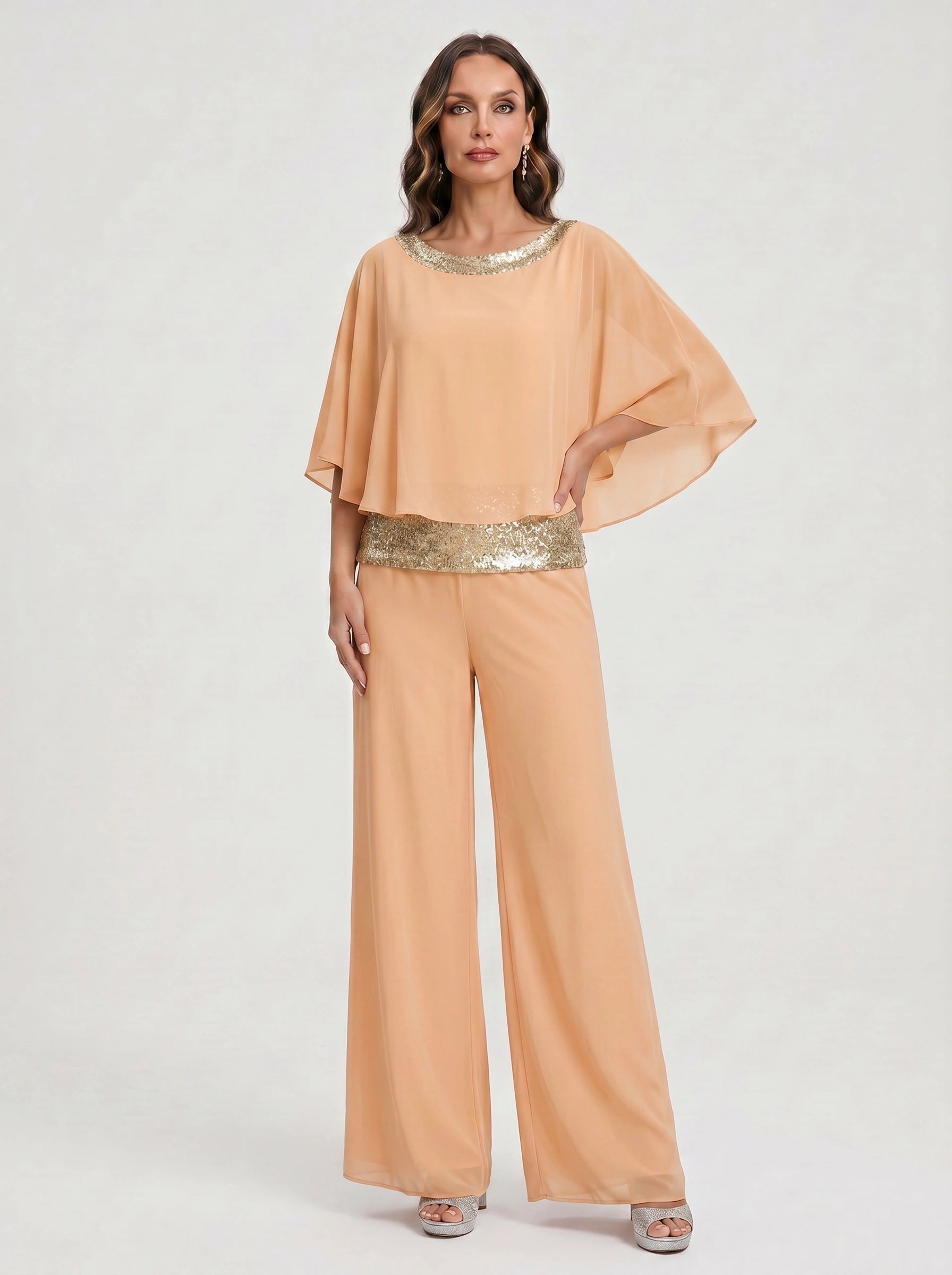 Cascada Sequin Cape Wide-Leg Trouser Set – Women Formal Wedding Guest Mother Bride Evening Party Two Piece Set