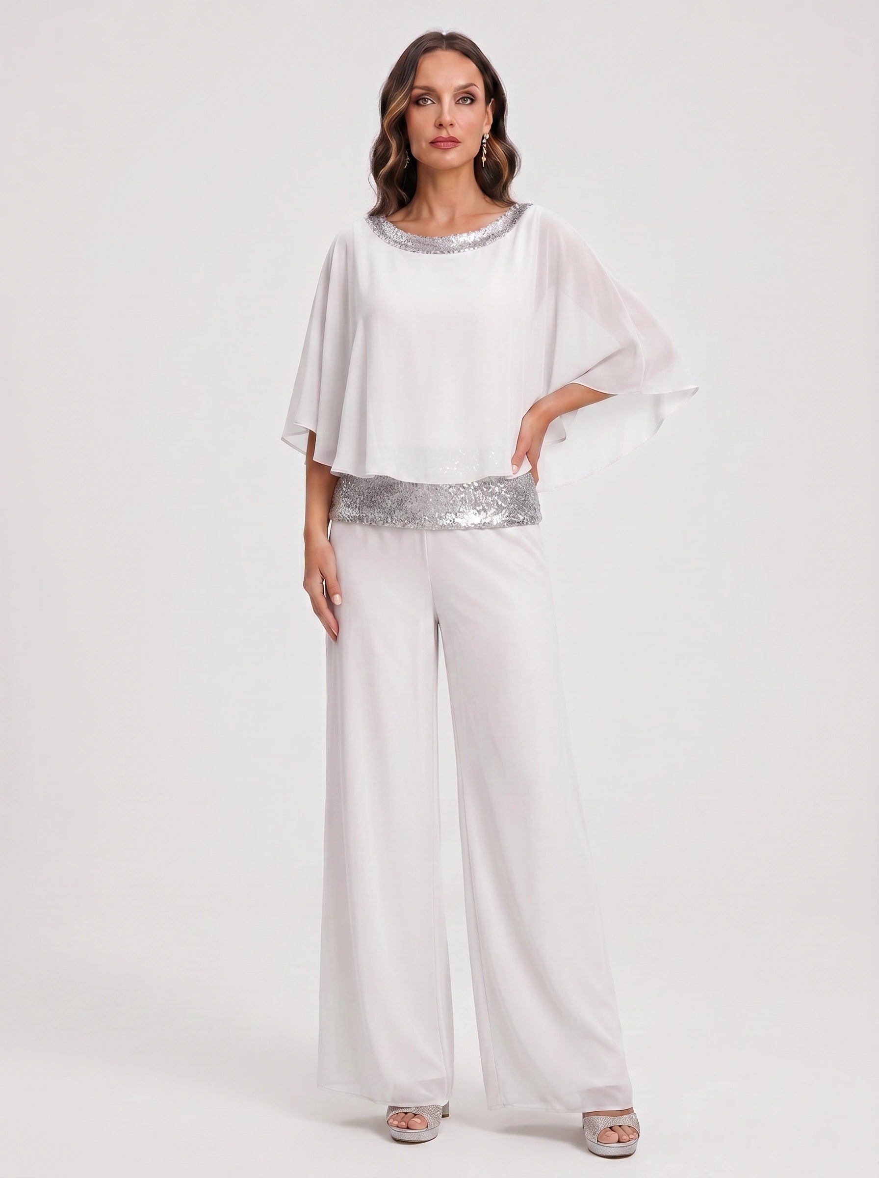 Cascada Sequin Cape Wide-Leg Trouser Set – Women Formal Wedding Guest Mother Bride Evening Party Two Piece Set