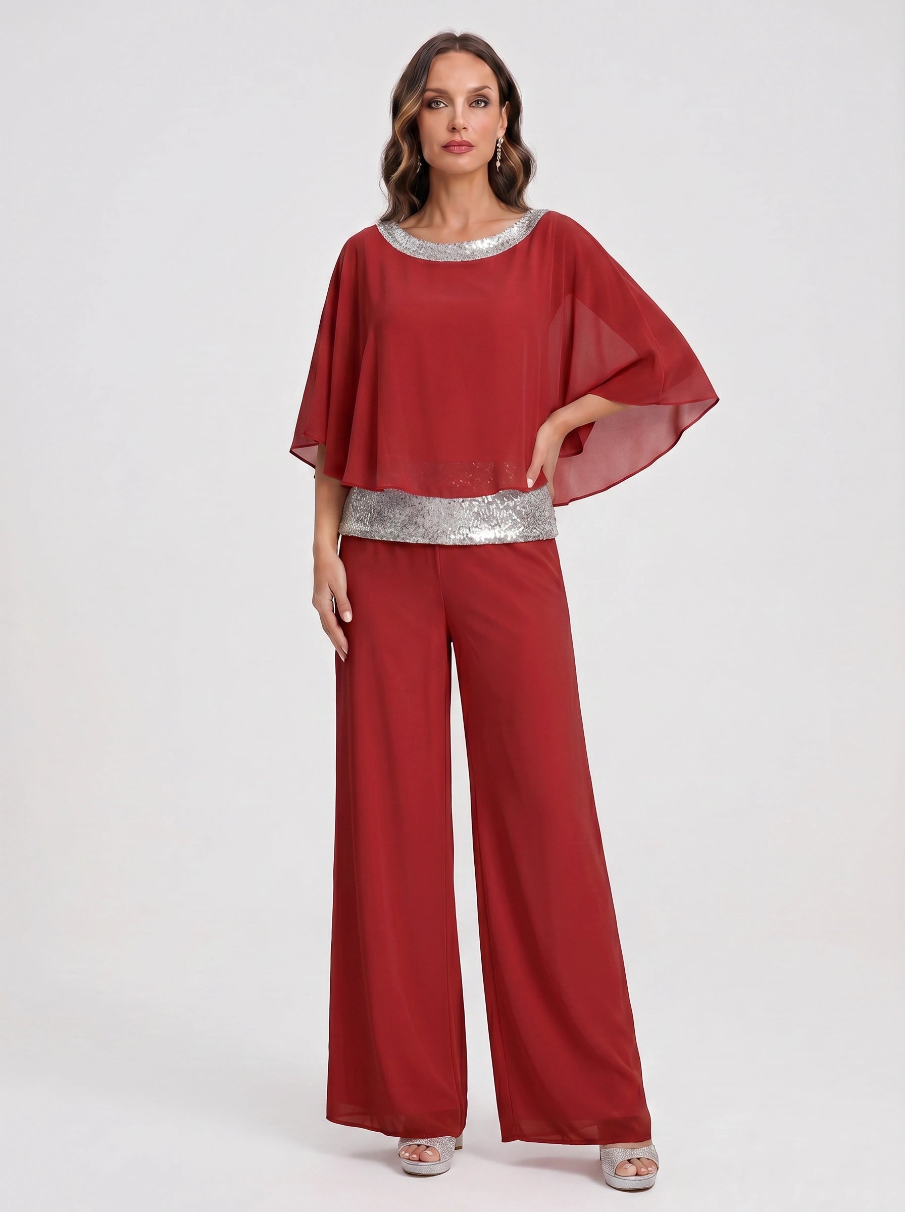 Cascada Sequin Cape Wide-Leg Trouser Set – Women Formal Wedding Guest Mother Bride Evening Party Two Piece Set