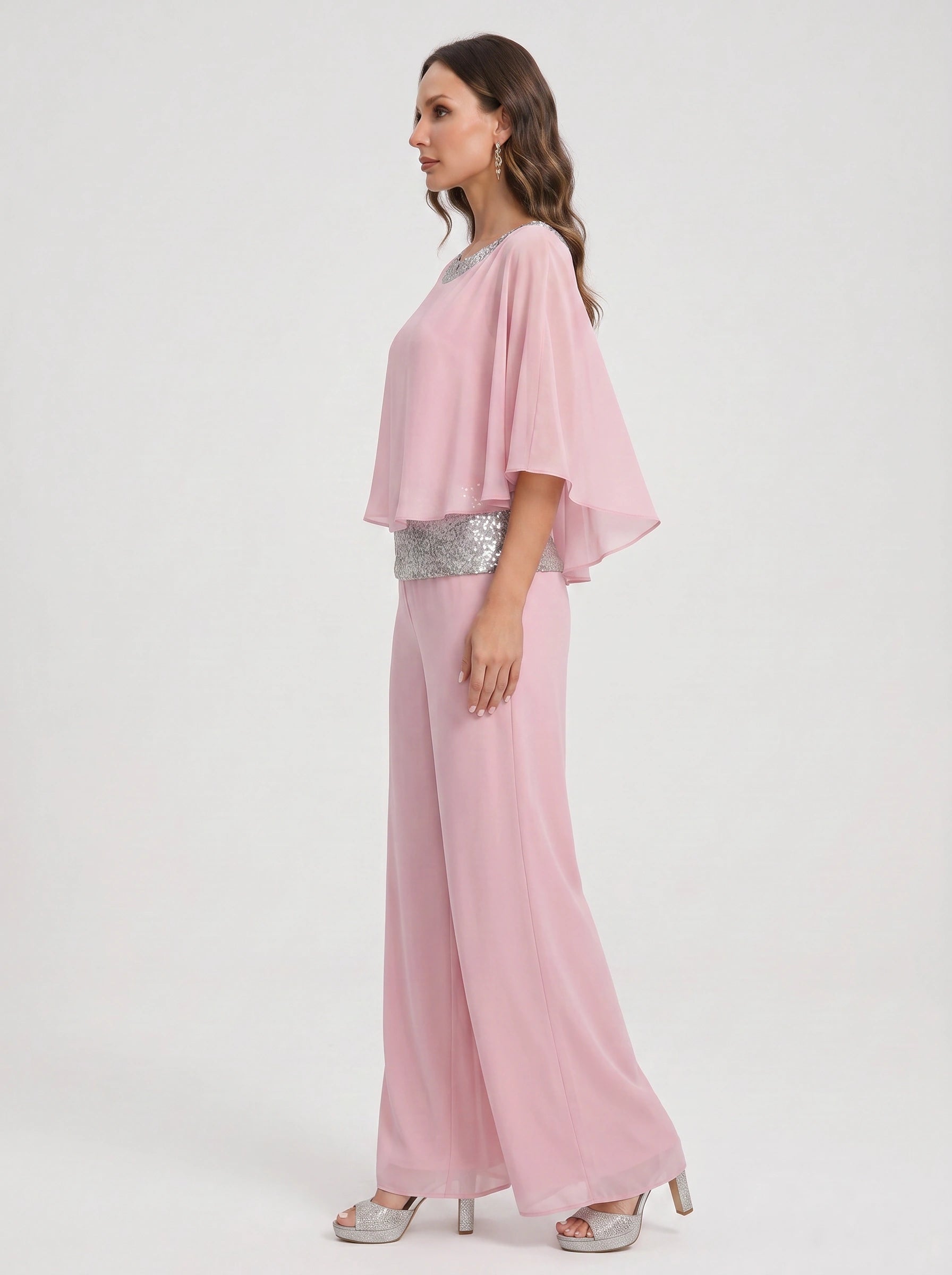 Cascada Sequin Cape Wide-Leg Trouser Set – Women Formal Wedding Guest Mother Bride Evening Party Two Piece Set