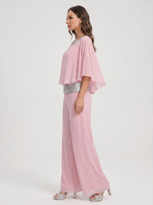 Cascada Sequin Cape Wide-Leg Trouser Set – Women Formal Wedding Guest Mother Bride Evening Party Two Piece Set