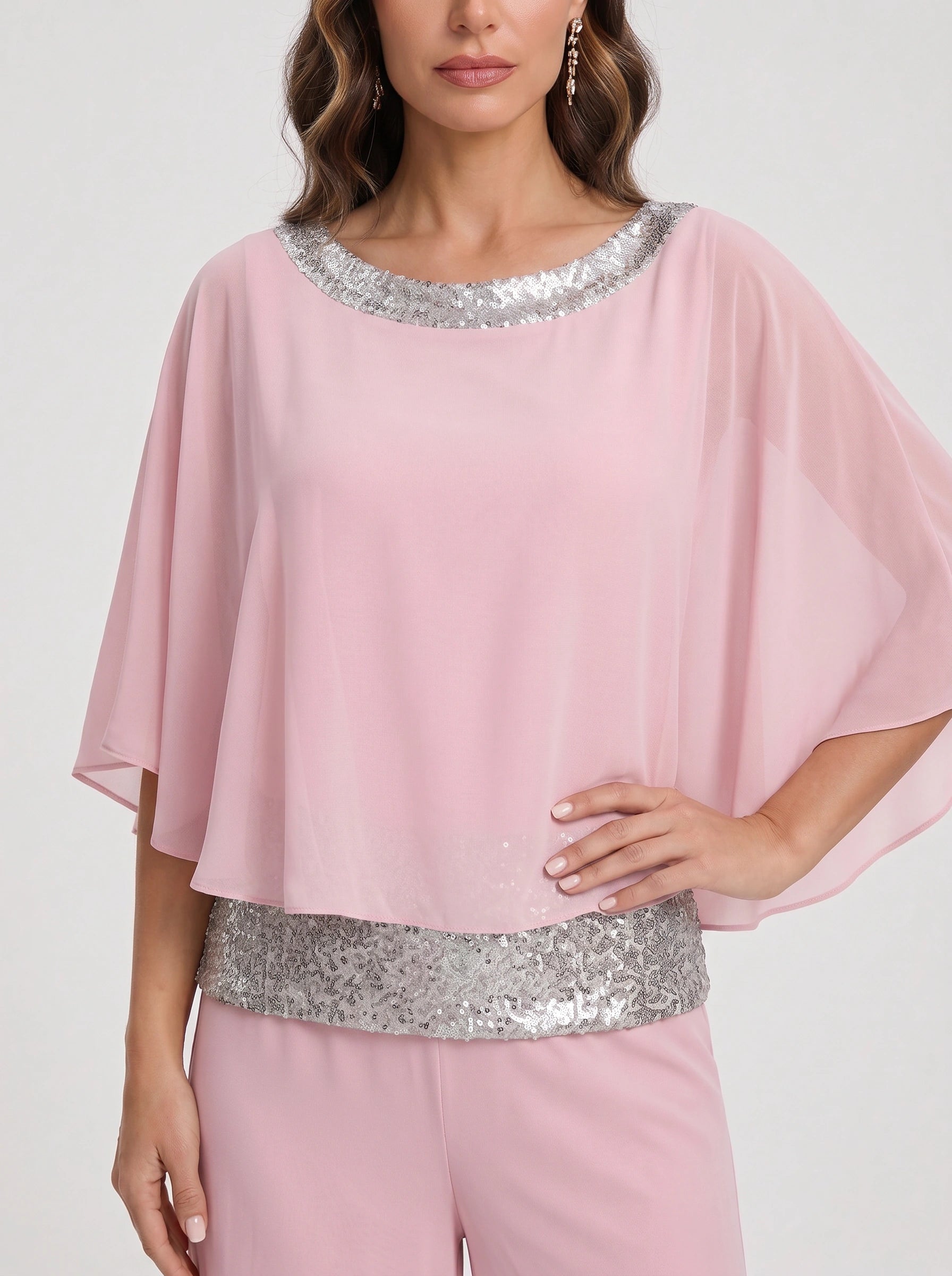 Cascada Sequin Cape Wide-Leg Trouser Set – Women Formal Wedding Guest Mother Bride Evening Party Two Piece Set