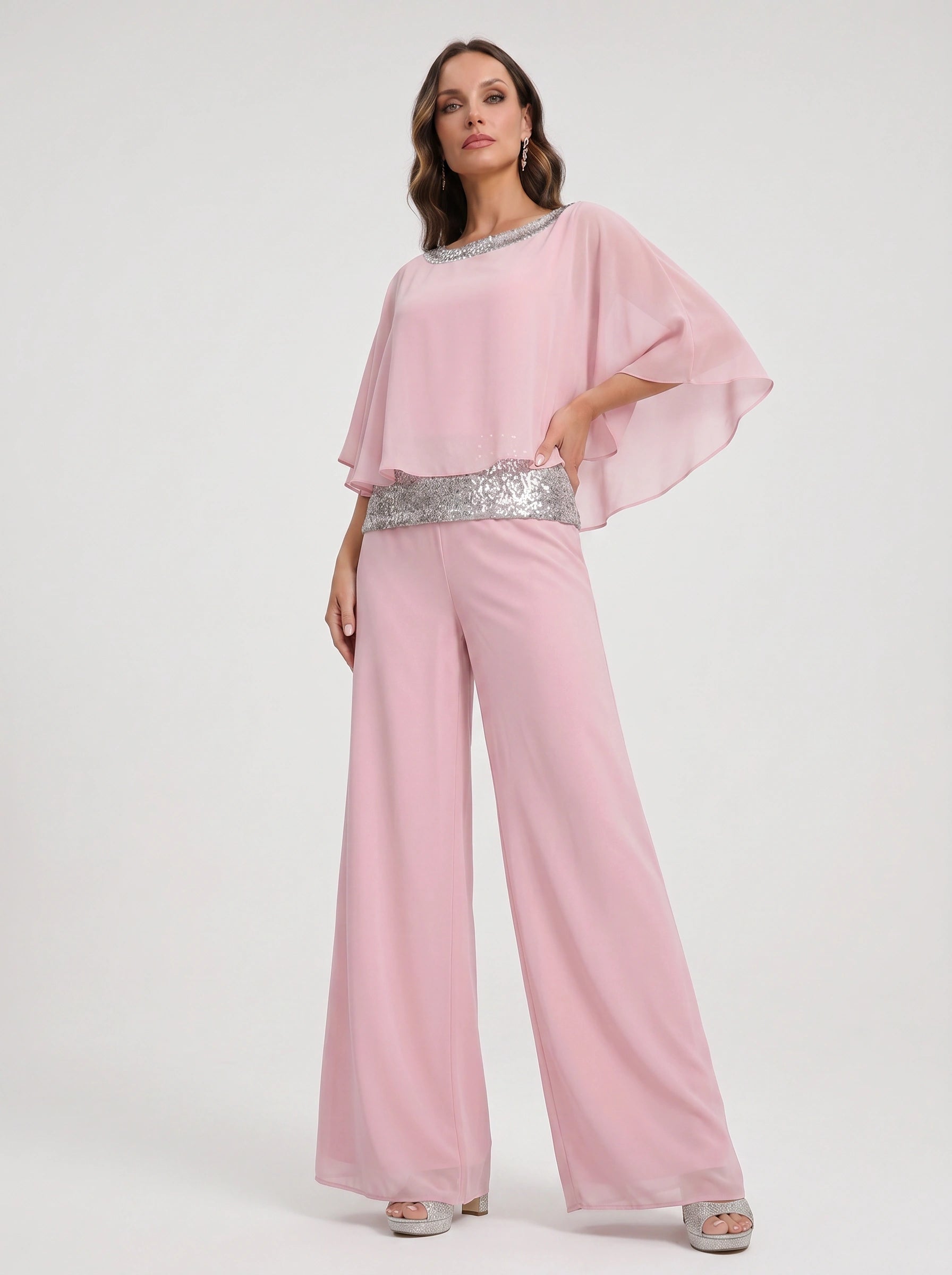 Cascada Sequin Cape Wide-Leg Trouser Set – Women Formal Wedding Guest Mother Bride Evening Party Two Piece Set