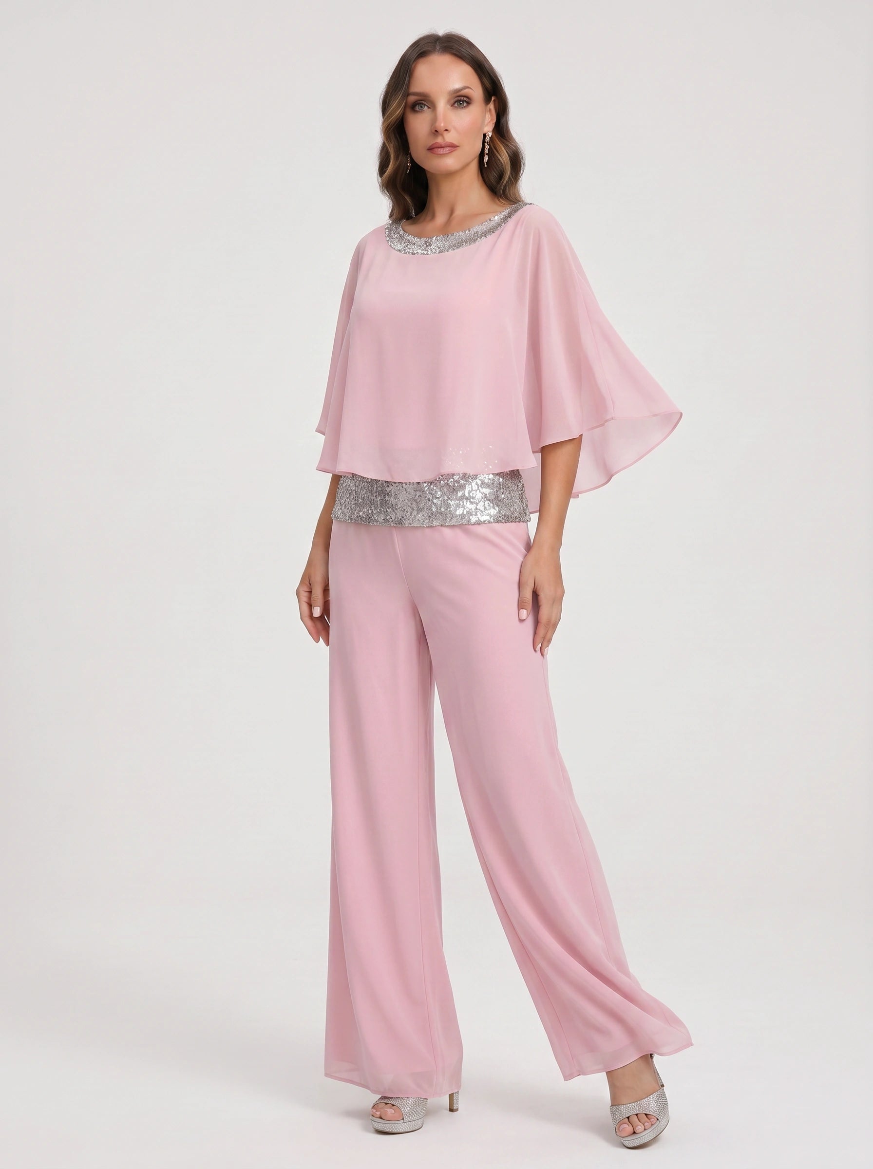 Cascada Sequin Cape Wide-Leg Trouser Set – Women Formal Wedding Guest Mother Bride Evening Party Two Piece Set