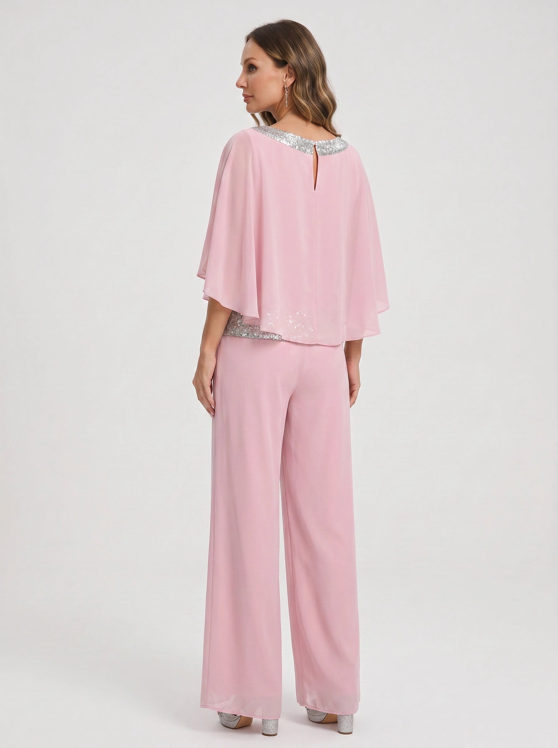 Cascada Sequin Cape Wide-Leg Trouser Set – Women Formal Wedding Guest Mother Bride Evening Party Two Piece Set