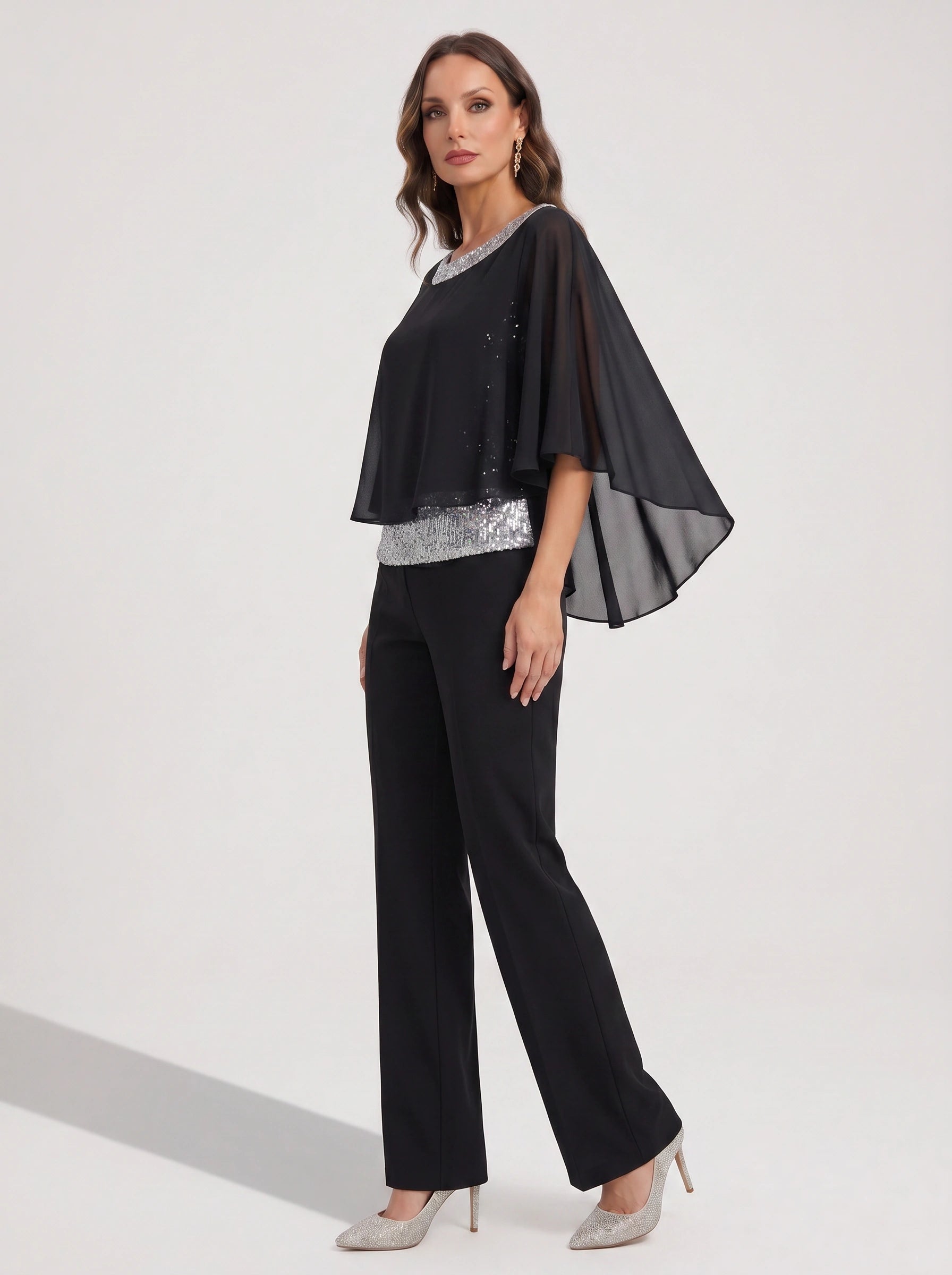 Cascada Sequin Cape Wide-Leg Trouser Set – Women Formal Wedding Guest Mother Bride Evening Party Two Piece Set
