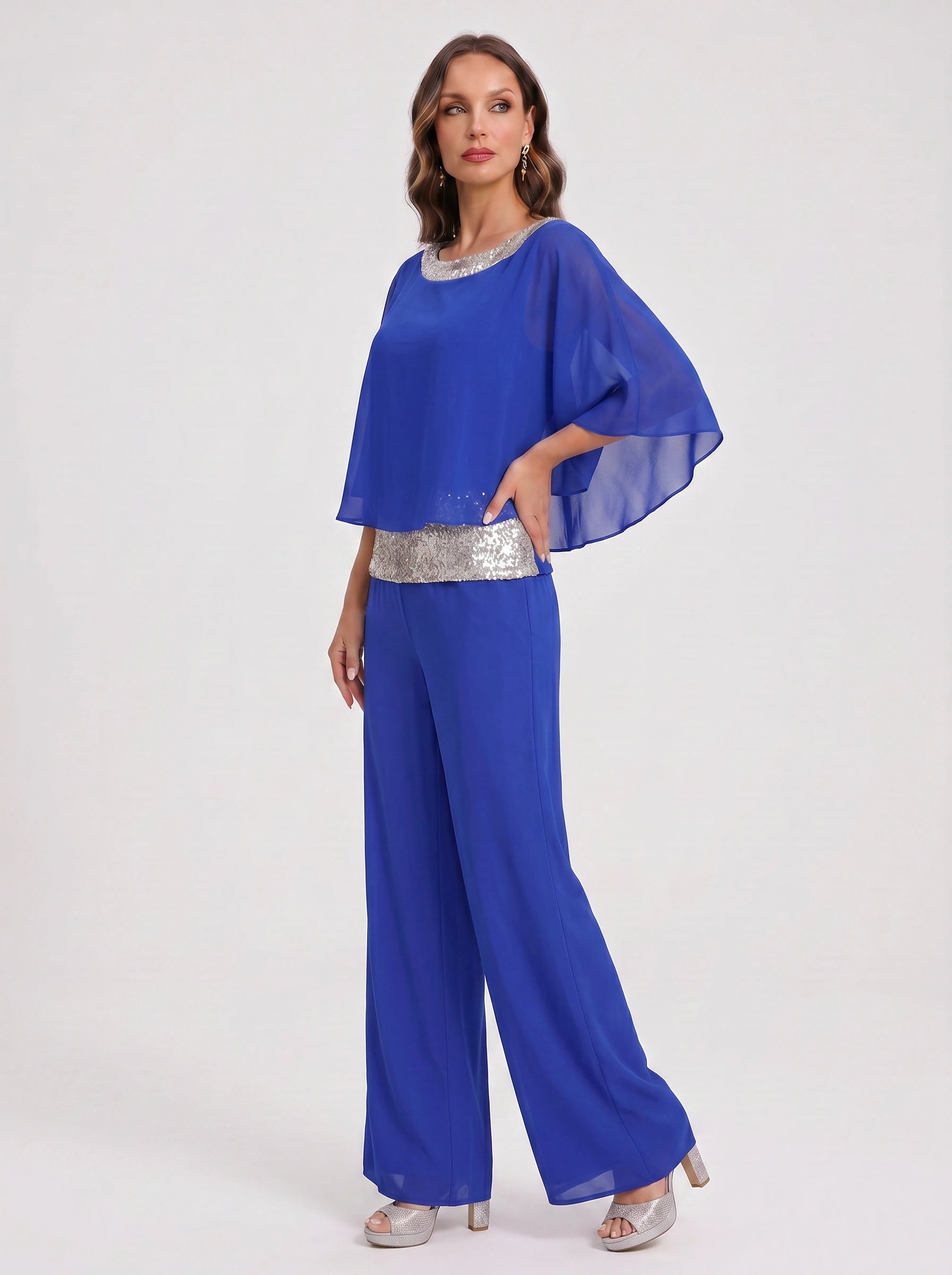 Cascada Sequin Cape Wide-Leg Trouser Set – Women Formal Wedding Guest Mother Bride Evening Party Two Piece Set