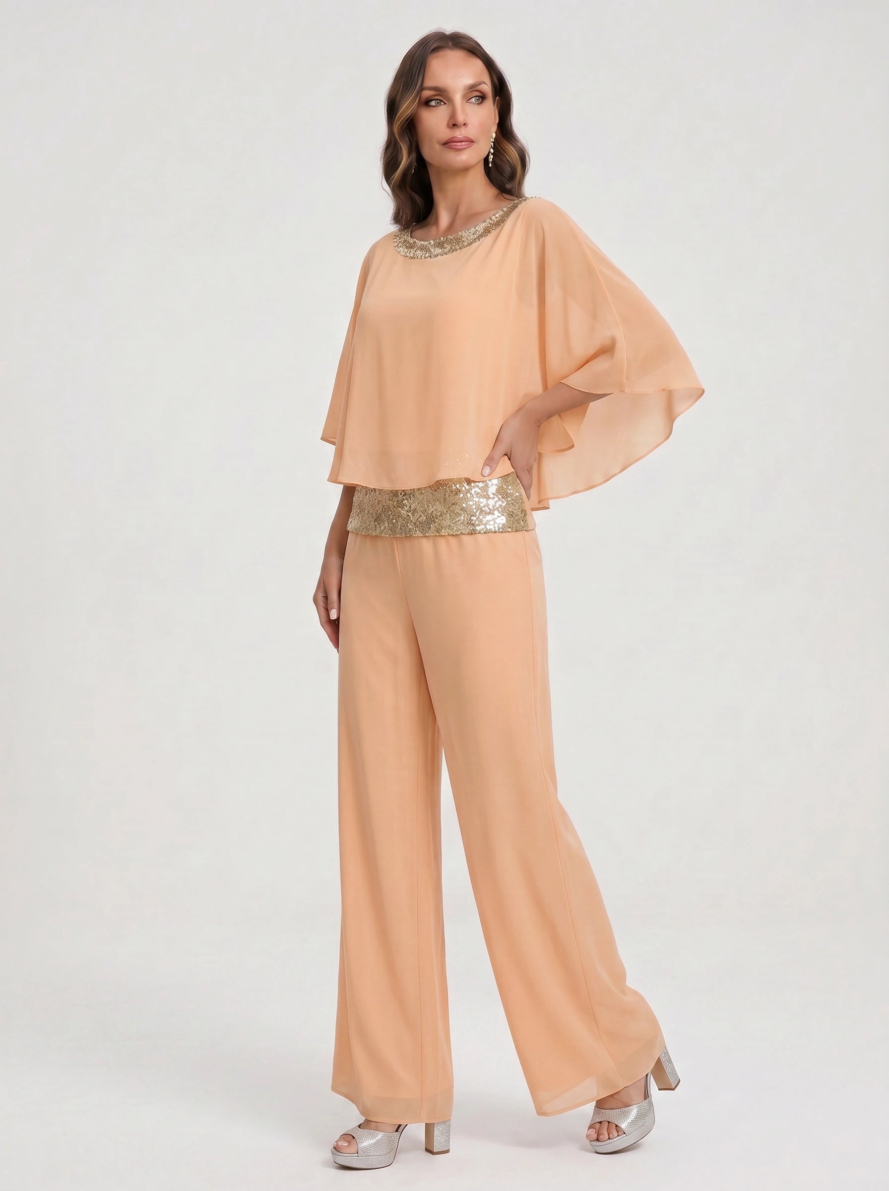 Cascada Sequin Cape Wide-Leg Trouser Set – Women Formal Wedding Guest Mother Bride Evening Party Two Piece Set
