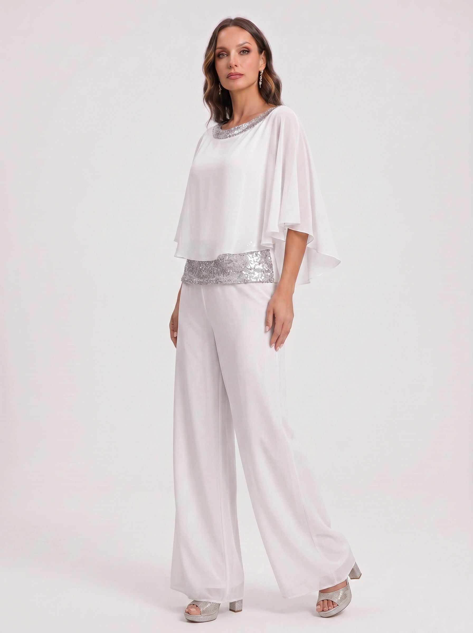 Cascada Sequin Cape Wide-Leg Trouser Set – Women Formal Wedding Guest Mother Bride Evening Party Two Piece Set